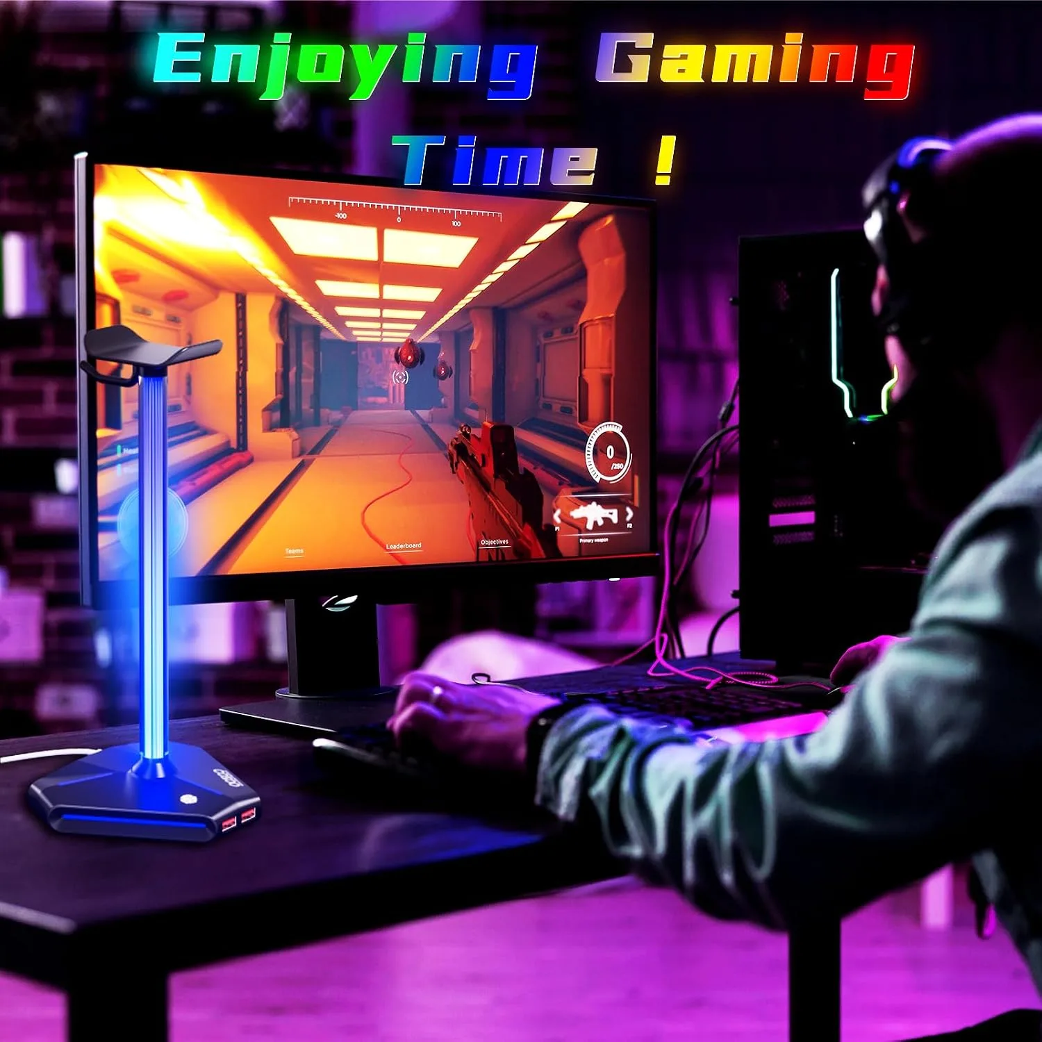 cozoo Desk headset stand Touch RGB Light Stand 4 Color Modes 2 USB Black