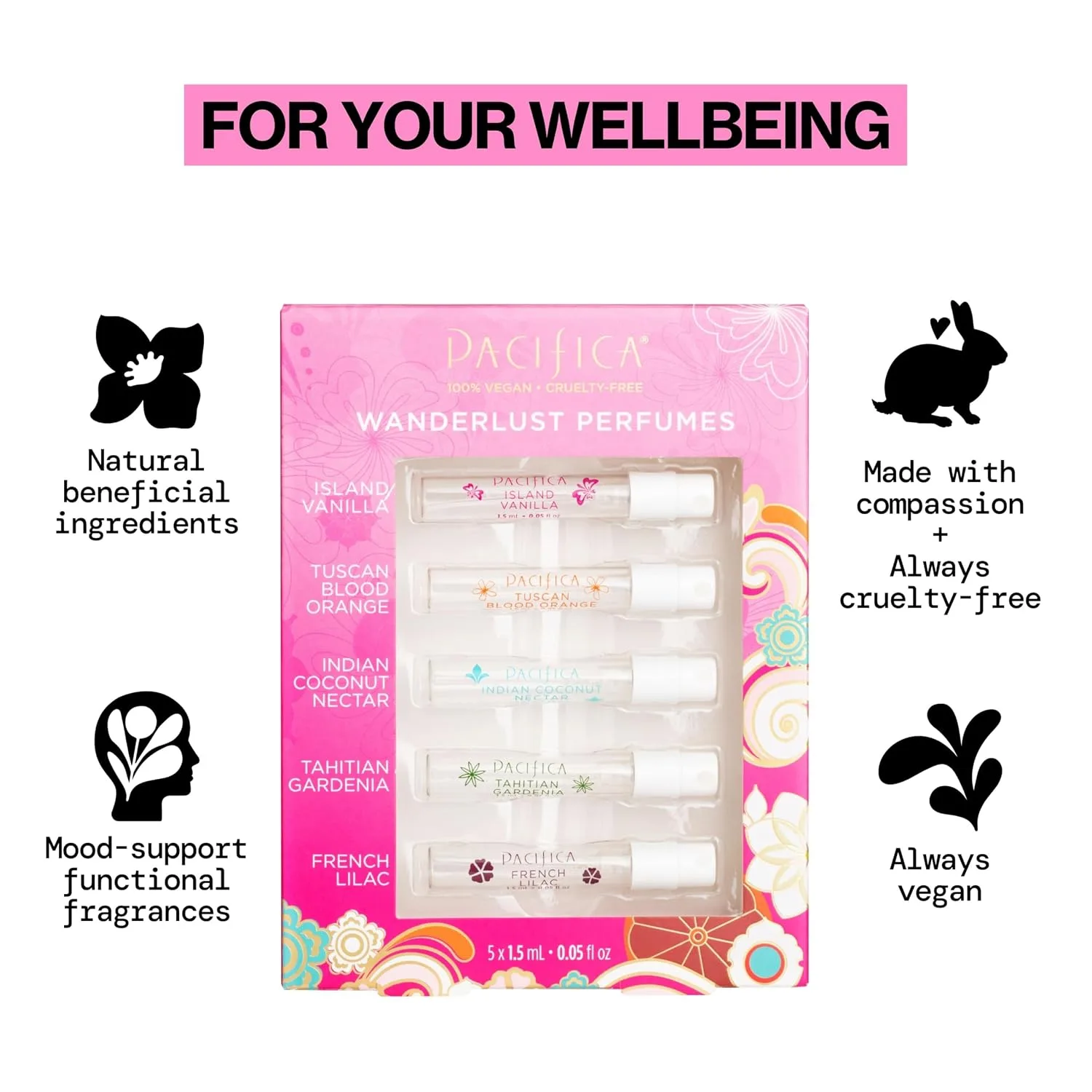 Pacifica Beauty Wanderlust Spray Perfume Set, Fragrances, Travel Perfume, Island Vanilla, Tuscan Blood Orange, Indian Coconut Nectar, Tahitian Gardenia, French Lilac, Vegan, 0.05 fl oz Each (Set of 5)