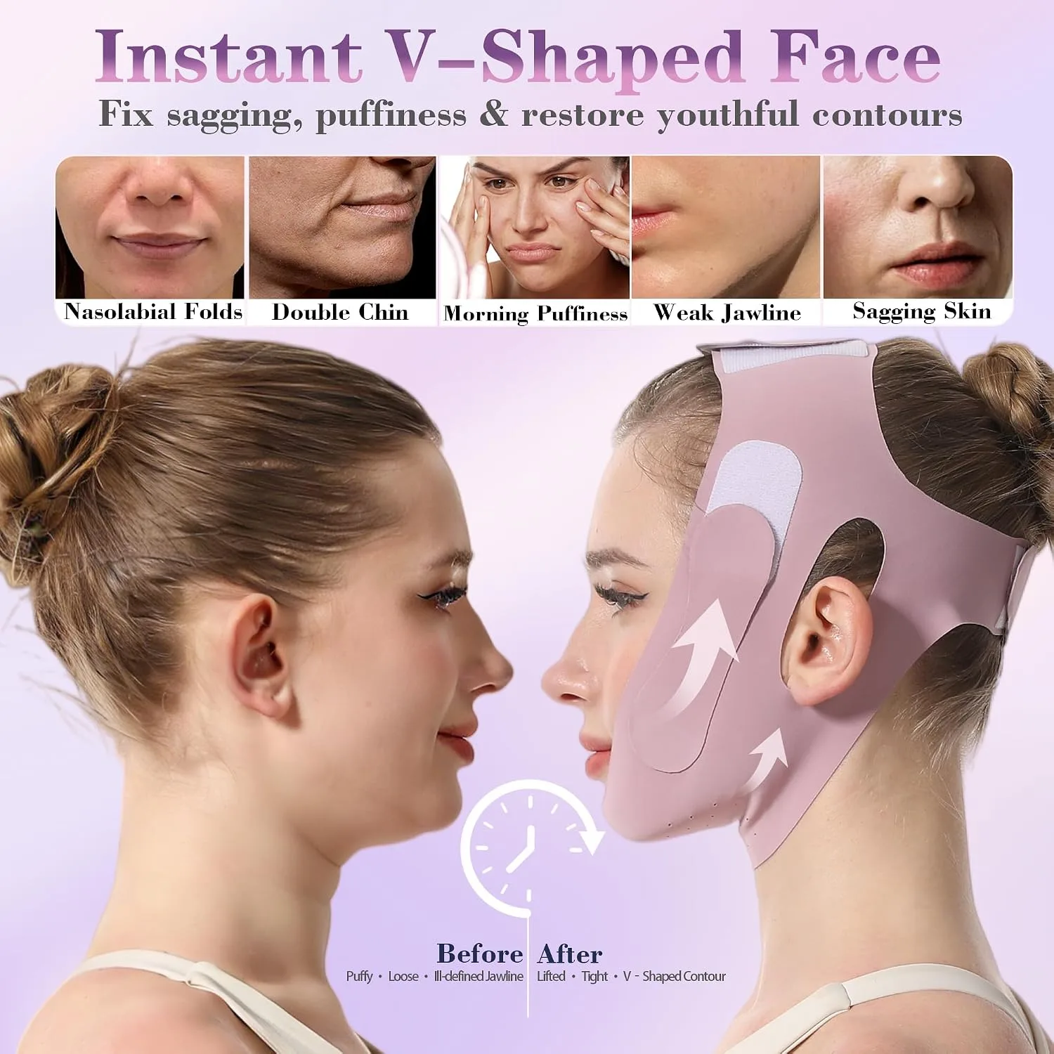 Graphene Chin Strap For Sleeping, Reusable V Line Lifting Mask & Double Chin Reducer with 3D Adjustable Design, Breathable Skin-Friendly Jawline Shaper Face Lift Belt for Women & Men (Lilac)