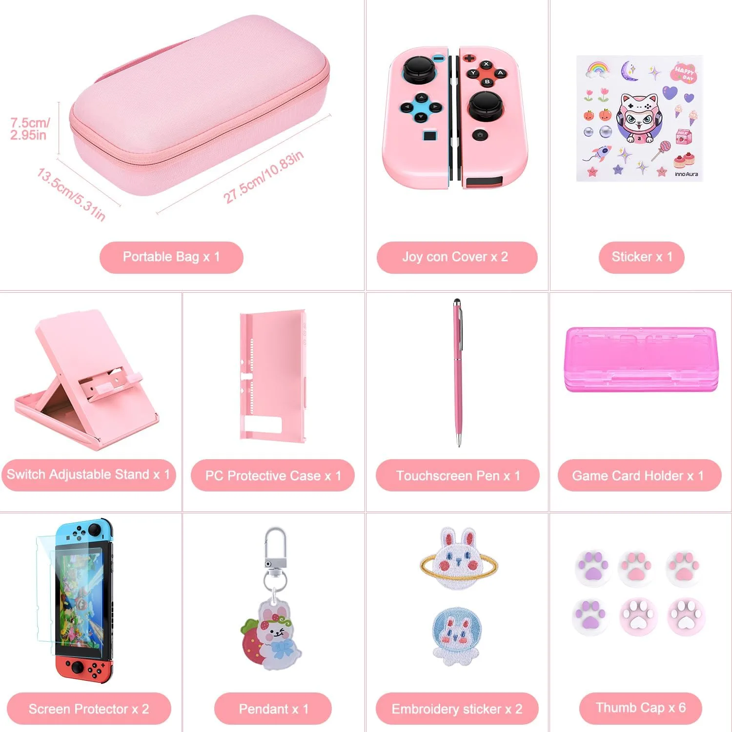 innoAura Switch Case 19-in-1 Bundle for NS Switch (2017), with Carrying Case, Game Organizer, Screen Protector, Stand and Thumb Grips, Pink