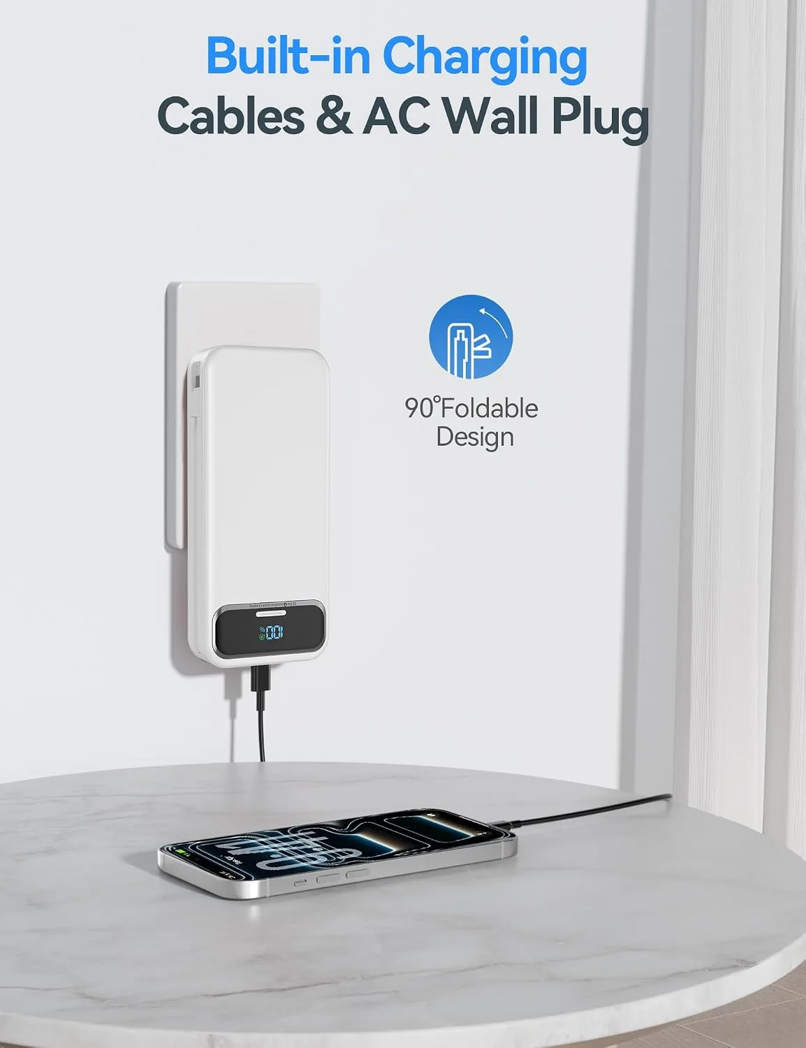 aonidi Portable Charger 20000mAh with Built-in Cables&AC Wall Plug, White