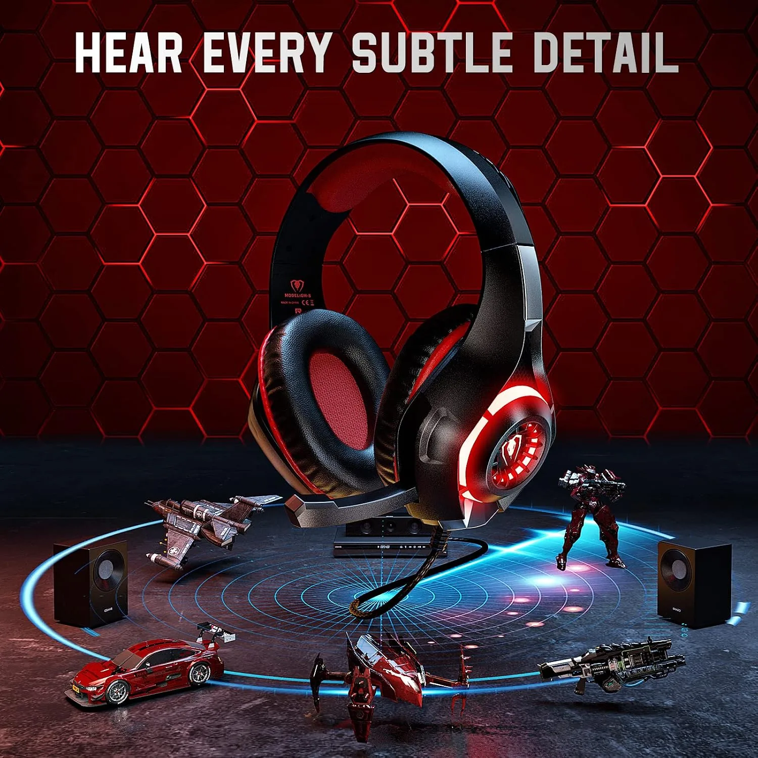 Tatybo Gaming Headset for PS5 PC, Noise Canceling Mic, RGB, Black Red