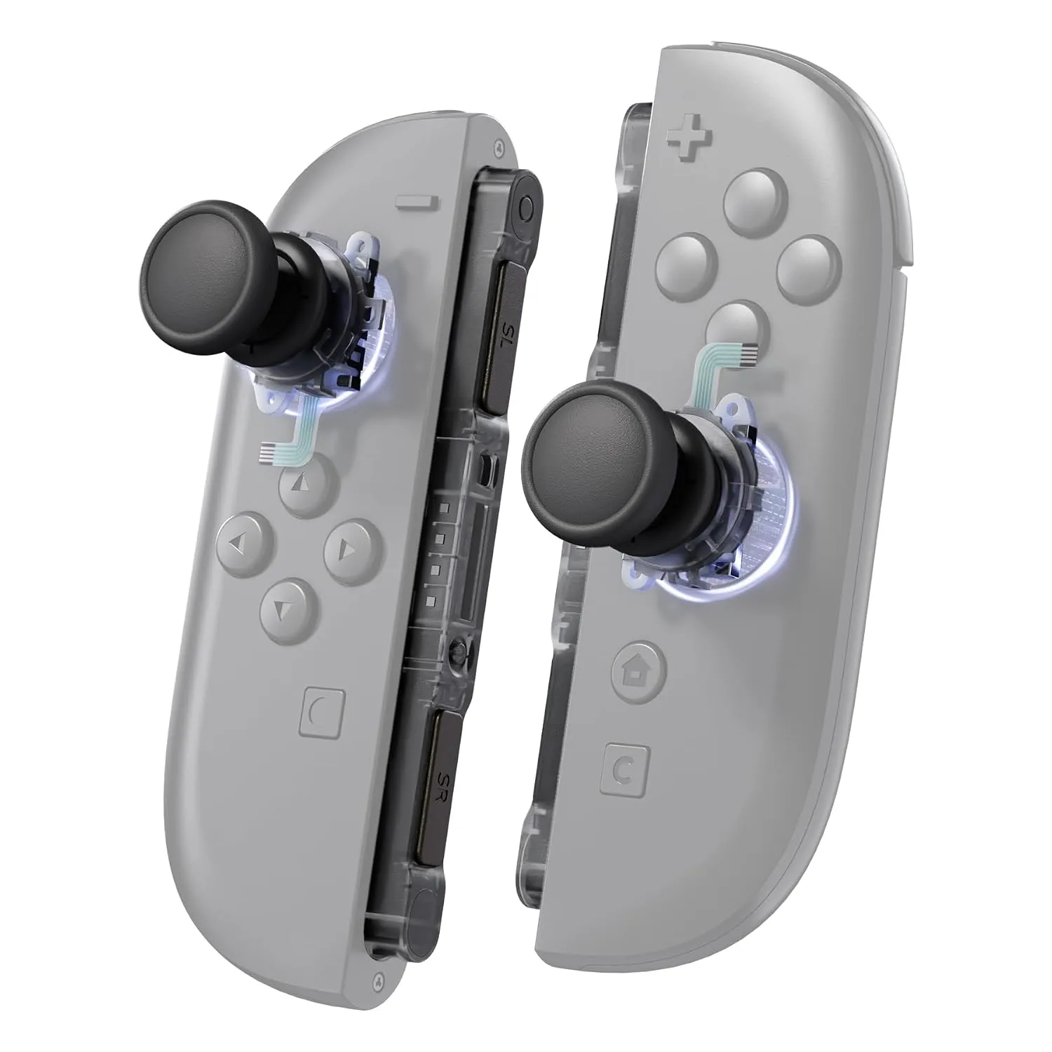 eXtremeRate Replacement 3D Joystick & Thumb Grips & Side Rail Shell Buttons for Nintendo Switch 2 JoyCon, Console Rail Stickers Left Right Analog Stick Thumbsticks Cap for Switch 2 - Clear Slate Black