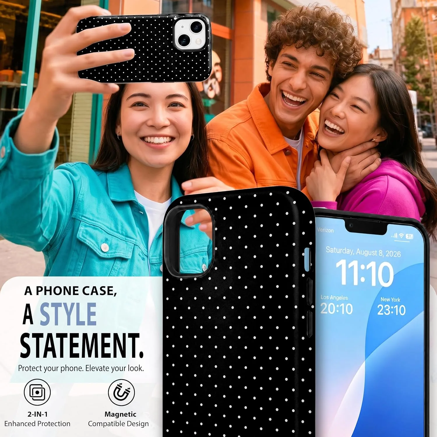 Magnetic for iPhone 13/14 Phone Case, Cute Stylish Black Polka Dot