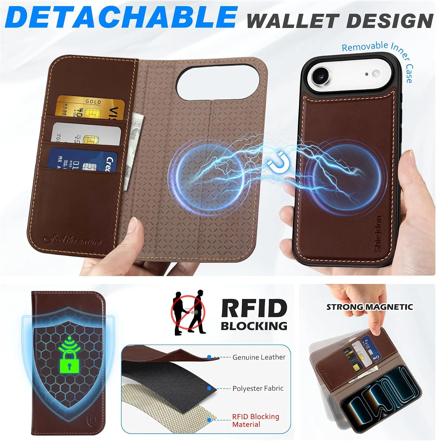 SHIELDON Removable Genuine Leather Case Wallet for iPhone Air, Retro Coffee
