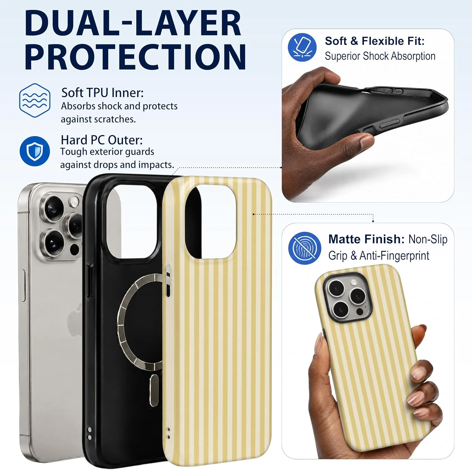 Magnetic for iPhone 15 Pro Phone Case, Chic Butter Yellow Striped