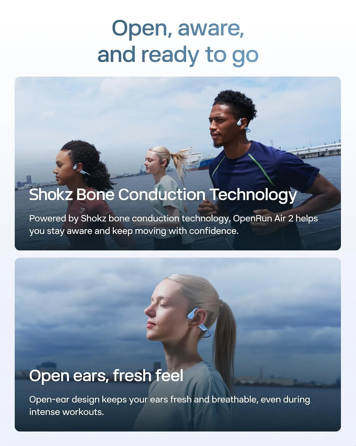 SHOKZ OpenRun Air 2 Bone Conduction Open-Ear Bluetooth Headphones，Blue