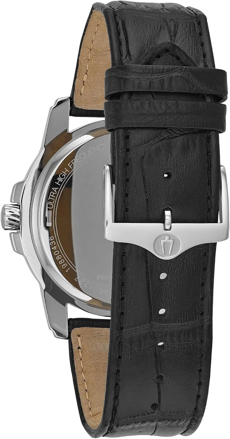 Bulova Men's Precisionist 3-Hand Calendar in Stainless Steel with Black Leather Strap and Black Patterned Dial Style: 96B158