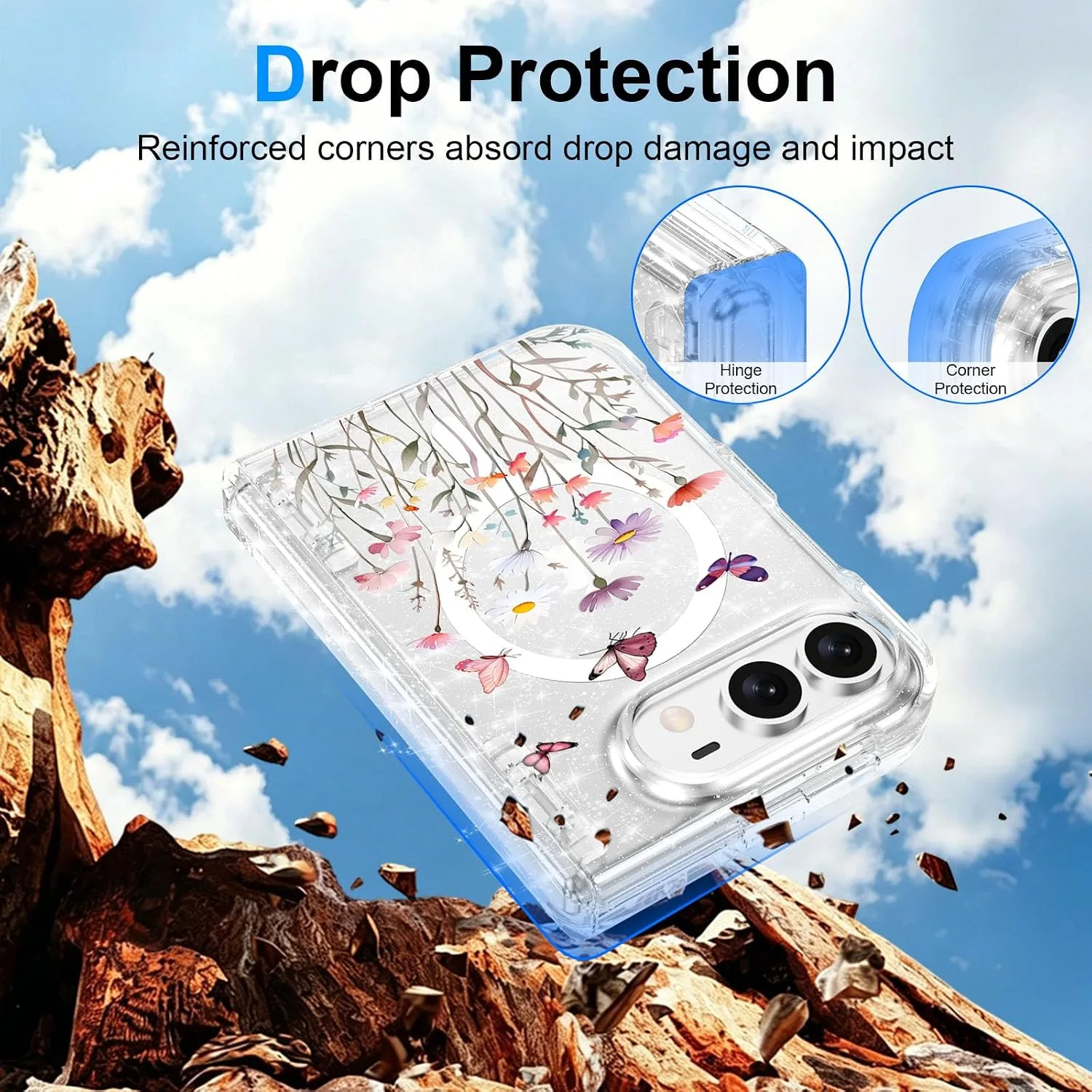 for iPhone Duo Case Clear Glitter Magnetic with Hinge Protection