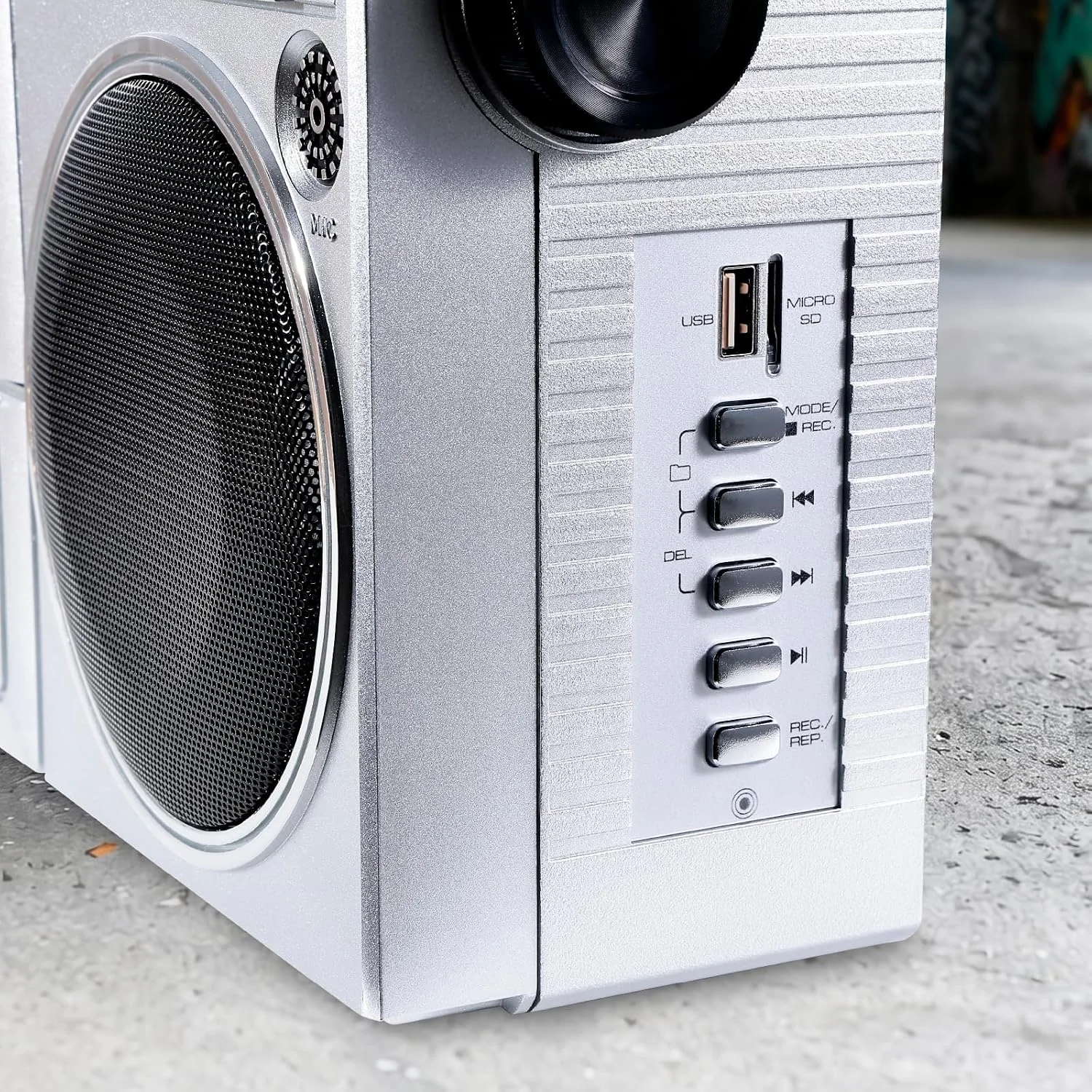 aiwa Portable Retro Boombox BackTrack Jr, Vintage Bluetooth Speaker with Cassette Player, Bluetooth, FM/AM Radio, USB & AUX for Home, Outdoor, and Travel Listening (Silver)
