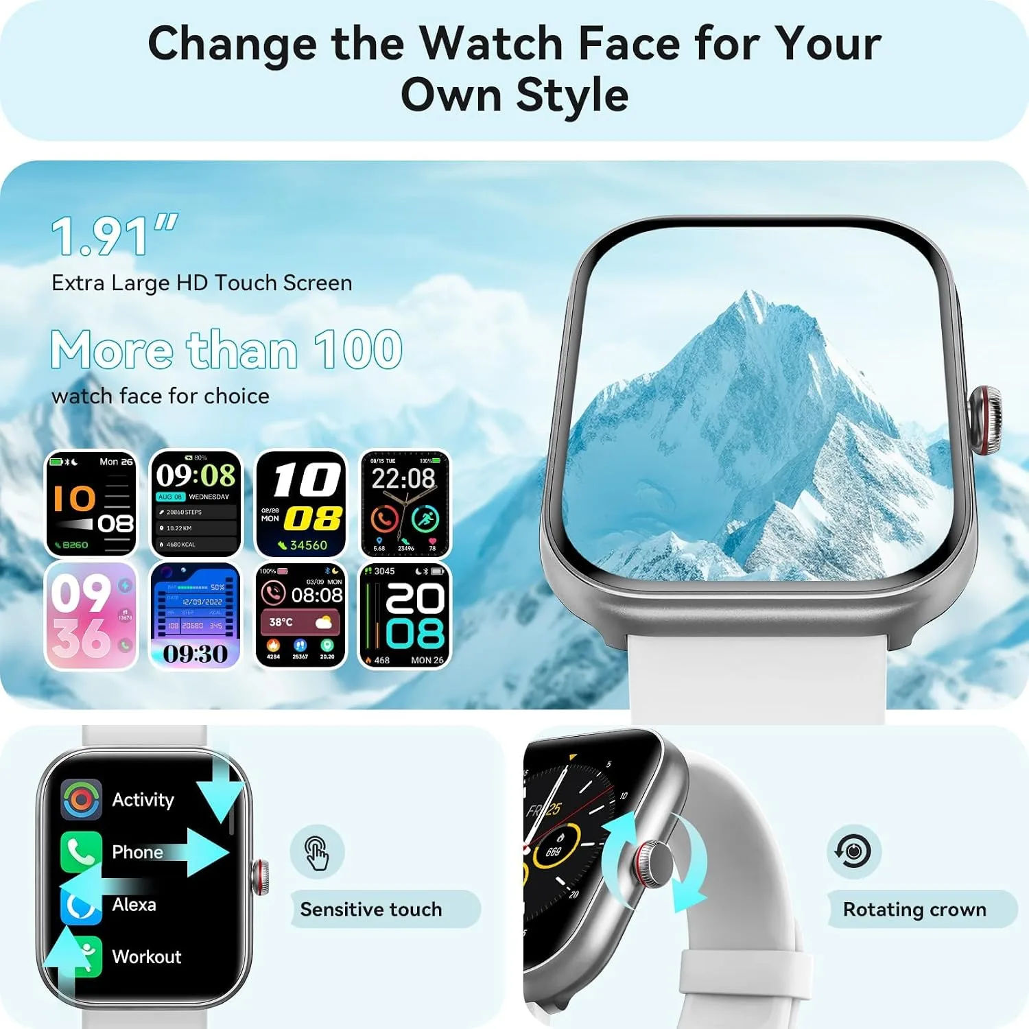 Smart Watch for Women Men, Smartwatch for iPhone & Android Bluetooth (Answer/Call) Built-in Alexa, 1.91" HD Fitness Tracker with 105+ Sport Modes, IP68 Waterproof, Sleep/Heart Rate/Stress Monitor
