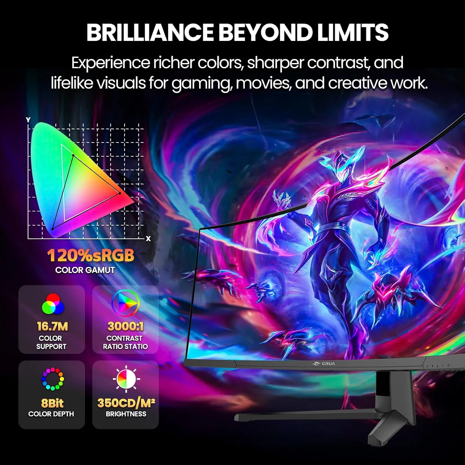 CRUA 45" DQHD 240Hz Ultrawide Curved Gaming Monitor, 1500R, FreeSync, Black