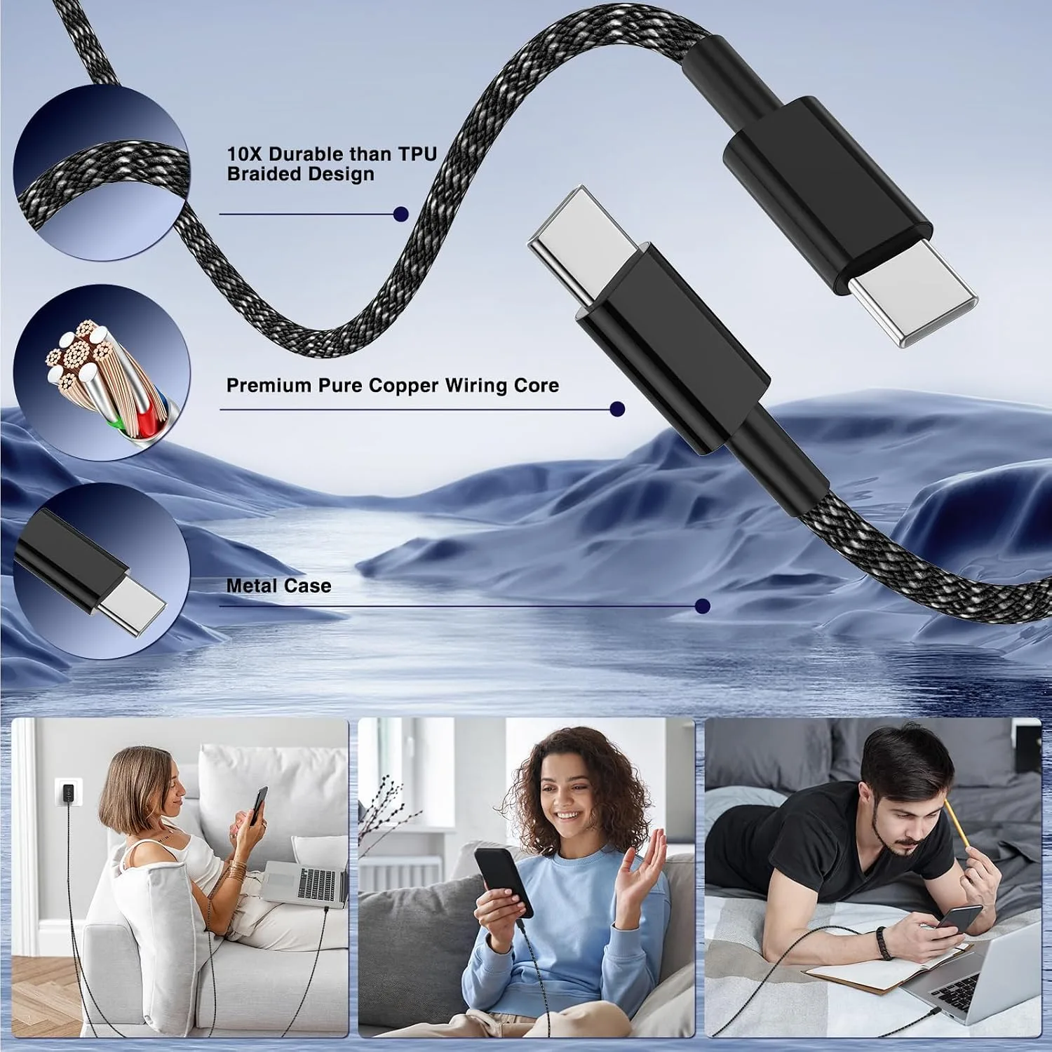 65W Super Fast Charger Type C for Samsung,3 Port 100W Quick Charging 3.0 USB C Block & 3/6/10/10FT Braided Type C Cord for Samsung Galaxy S26 Ultra/S26/S25 Ultra/MacBook Air/iPhone 17 18 Pro-Blue