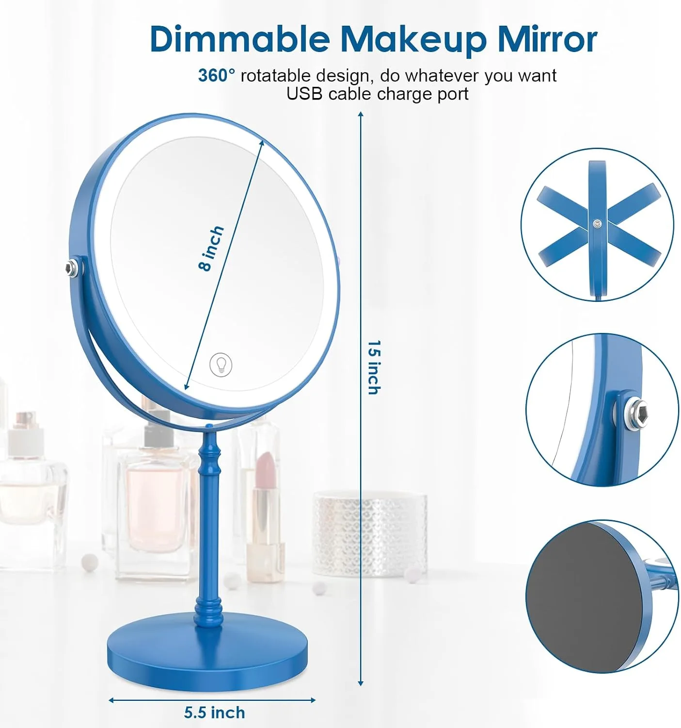 DEIOVWXS Makeup Mirror, Rechargeable Vanity Mirror with 3 Lights, 1X/10X