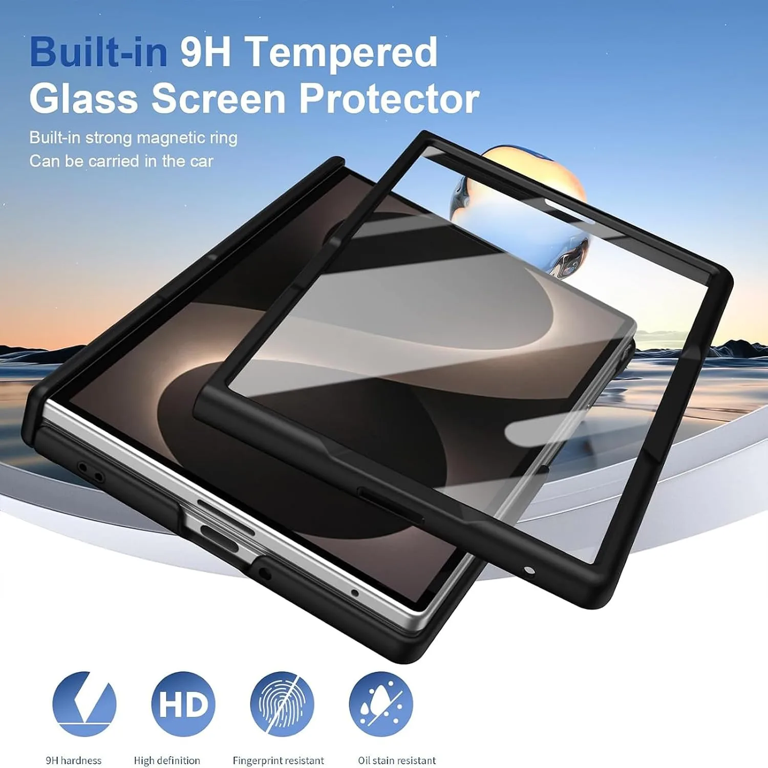 Magnetic Stand for iPhone Duo/Ultra Case Compatible with MagSafe, Built-in Screen Protector & Kickstand & Spring Hinge Protection, Carbon Fiber Texture Leather Phone Cover for iPhone Duo Black