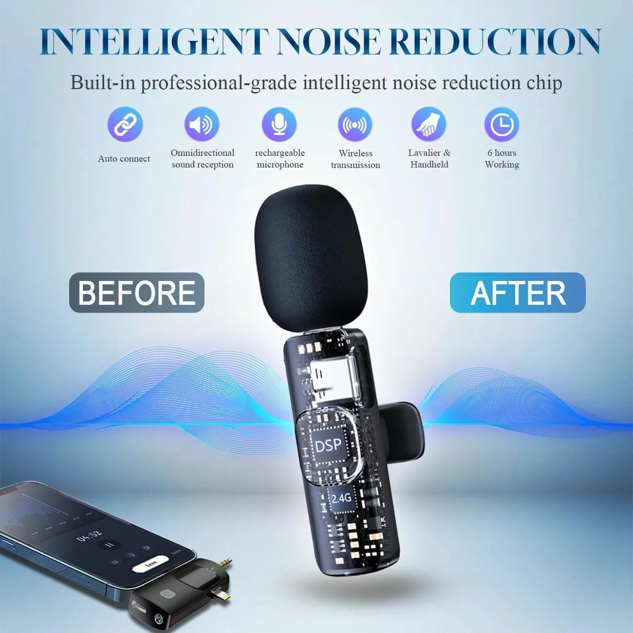 3 in 1 Wireless Lavalier Microphone for iPhone, iPad, Android, Camera,12-Hour Battery, mini Noise Reduction Recording Mic 2.4G Ultra-Low Delay, Microphone for Vlog/ TikTok/YouTube Live Stream( 2 Mic)