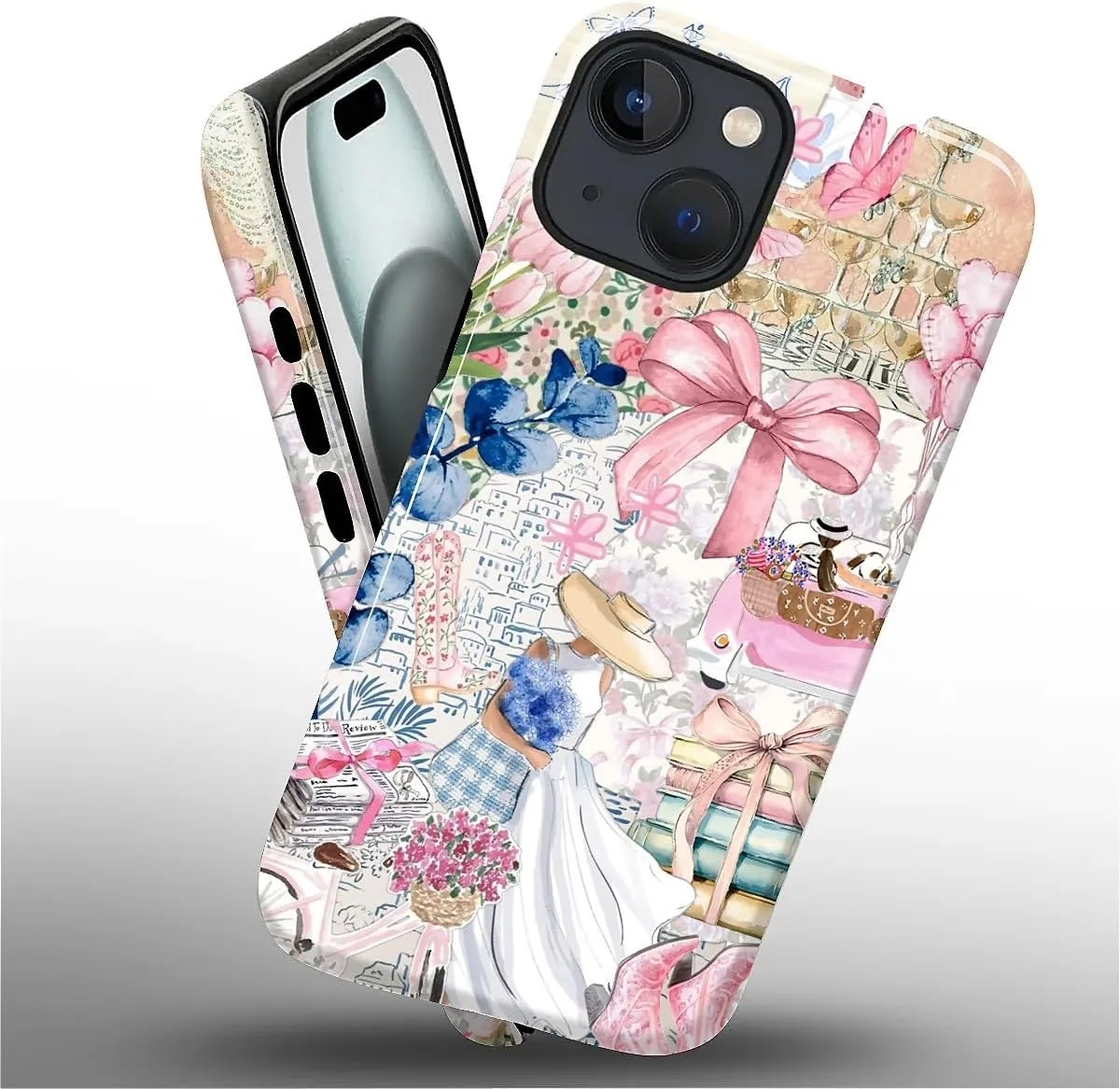 DAIZAG Case for iPhone 15 Plus,Mixed 2 Layer Design Shockproof Soft TPU Ddouble Protection Phone Case for iPhone 15 Plus-Magazine Books Flower Bow Collage