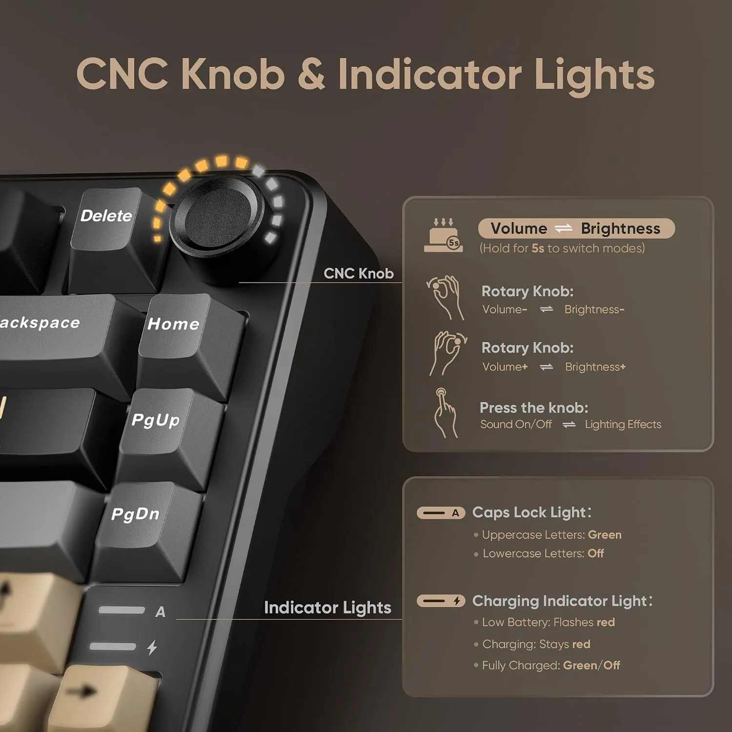 RedThunder K75 Wireless Mechanical Keyboard, CNC Knob, Tri-Mode BT5.0/2.4GHz/USB-C Hot Swappable Custom, Pre-lubed Linear Coconut Switches, Gasket Structure, RGB Gaming Keyboard, Black-Gold