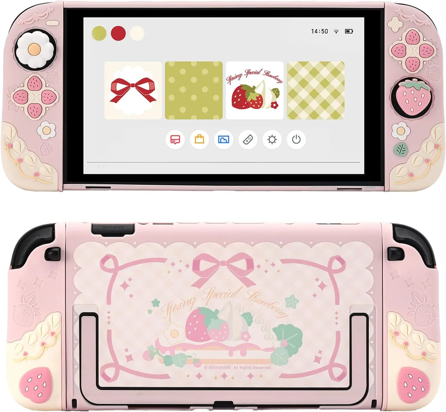GeekShare Strawberries with Cream Case Compatible with Switch 2, Slim Separable Soft Silicone Protective Shell with 2 Thumb Grip Caps -- Pink