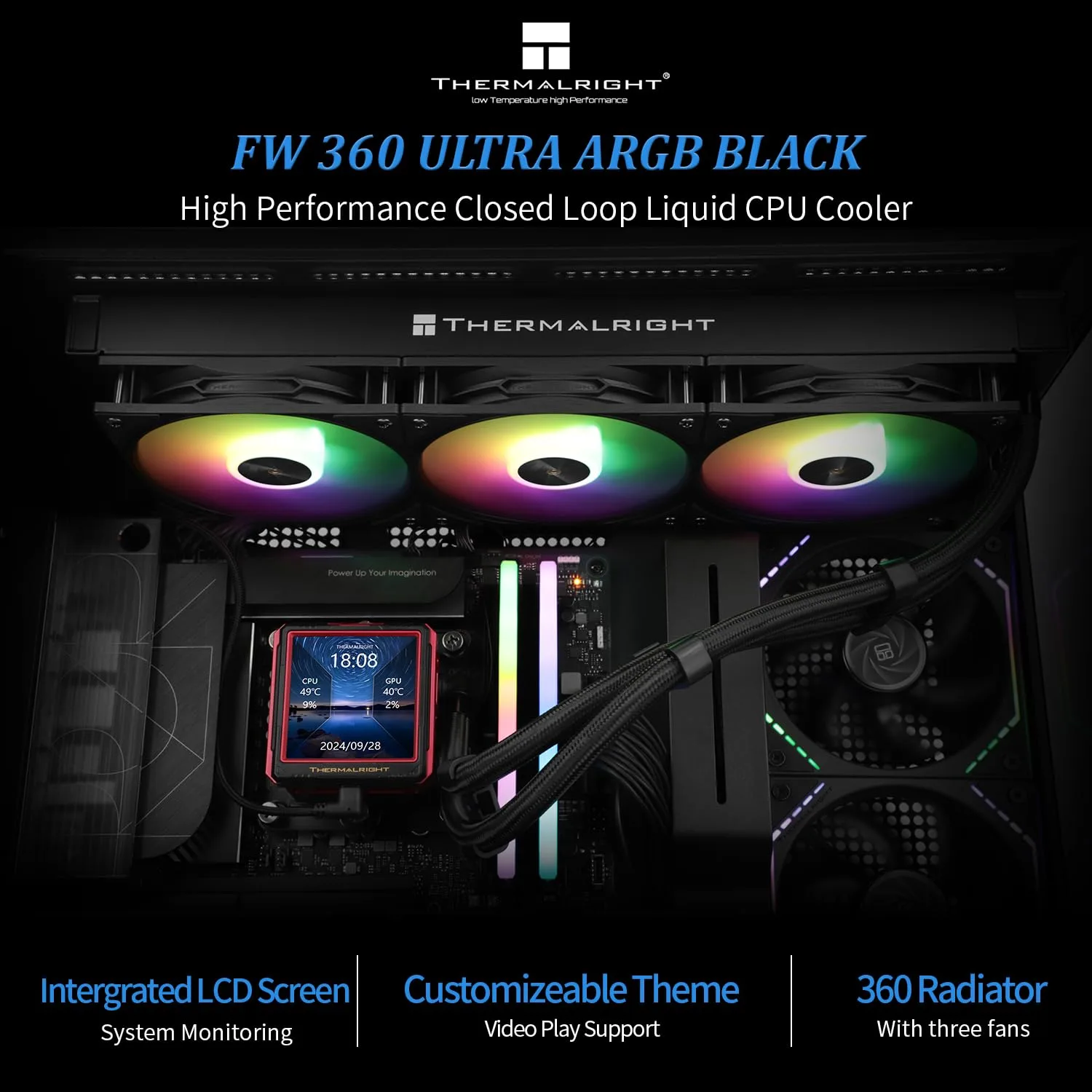 Thermalright FW360 Ultra ARGB Black CPU AIO Cooler,PC 360 Specification Water Cooler System,IPS LCD Screen with 480x480 Resolution,for AM5&Intel LGA1700/1851,High Performance Pump,2.88 in LCD Screen
