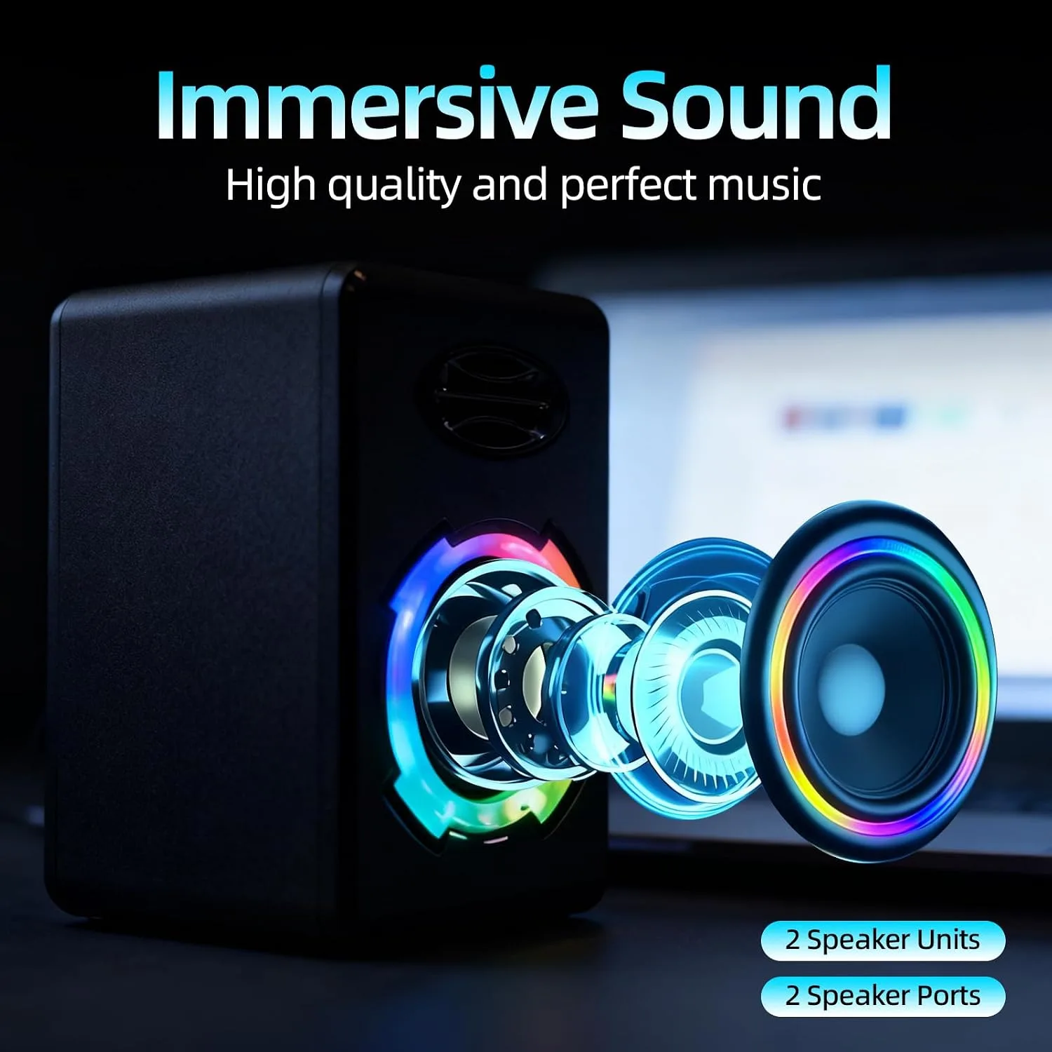 RGB Gaming Computer Speakers, Bluetooth 5.0 USB Powered PC Sound Bar with Dynamic Lighting, Stereo Audio for Desktop PC Laptop Monitor Gaming Setup (Black)