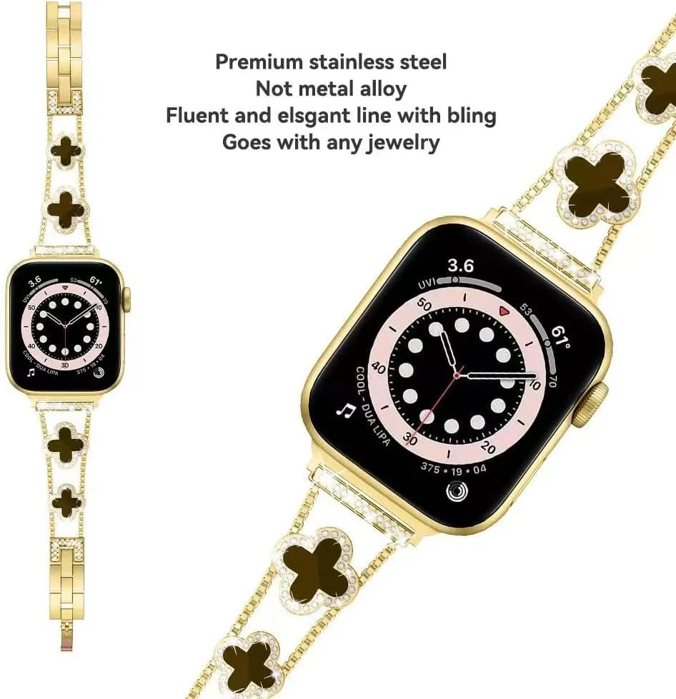 Musk-MSKR Diamond Metal Bands Add Sparkle to Your Watch For Apple Watch Series 12/11/10/9/8/7/6/5/4/3/2/SE/Ultra Clover Simple and Stylish Compatible with 38mm40mm41mm42mm44mm45mm 46mm49mm Women's Wear