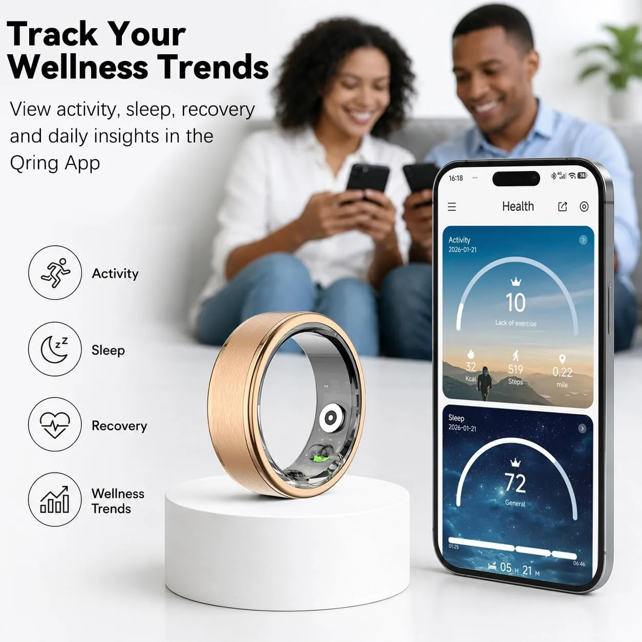 Smart Ring for Women and Men, Fitness & Sleep Tracker, Gold 10