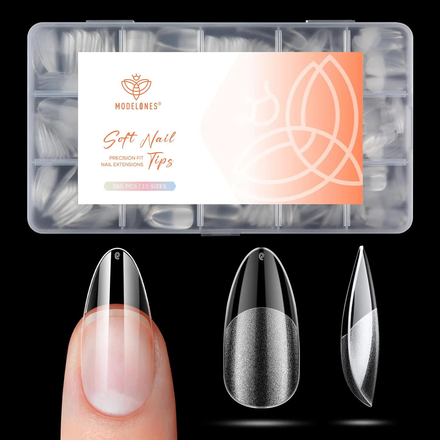 Tips para uñas Modelones Medium Almond 360 unidades transparentes pre-marcadas