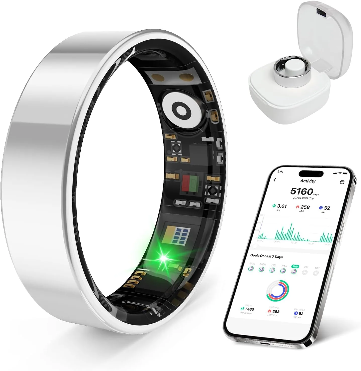 Smart Ring Health Monitor for Sleep Stress Exercise Tracking, IP68 Waterproof, Long Battery Life, No Subscription, Works with iOS Android, Suitable for daily use, exercise and play. (Silver, 7)