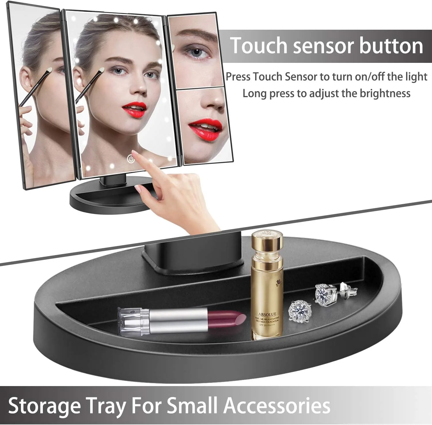 deweisn Tabletop Mount Trifold Lighted Vanity Mirror with 21 LED Lights, Touch Screen and 3X/2X/1X Magnification, Two Power Supply Mode Make up Mirror,Travel Mirror