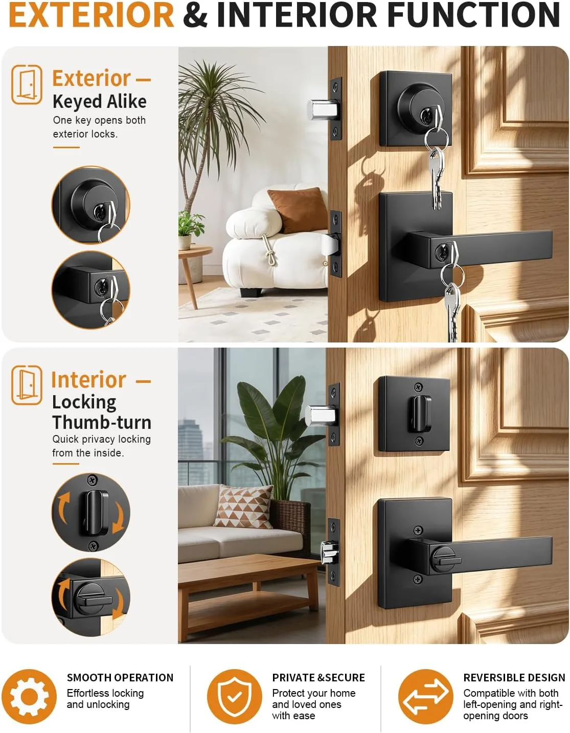 Probrico Square Interior/Exterior Door Lock Set 2 Pack Same Key Matte Black