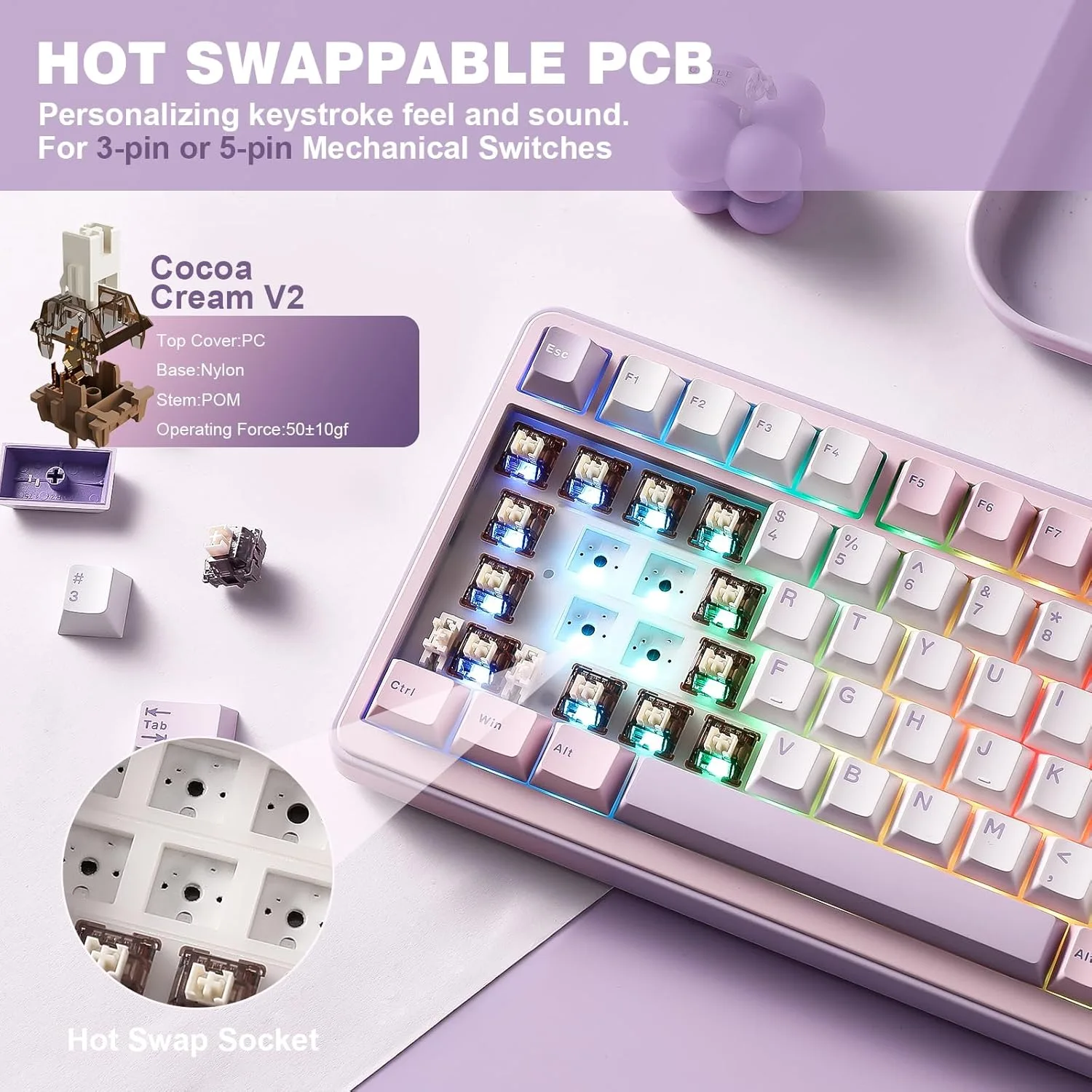 YUNZII B75 PRO 75% Wireless Mechanical Keyboard (Purple, Cocoa Cream V2)