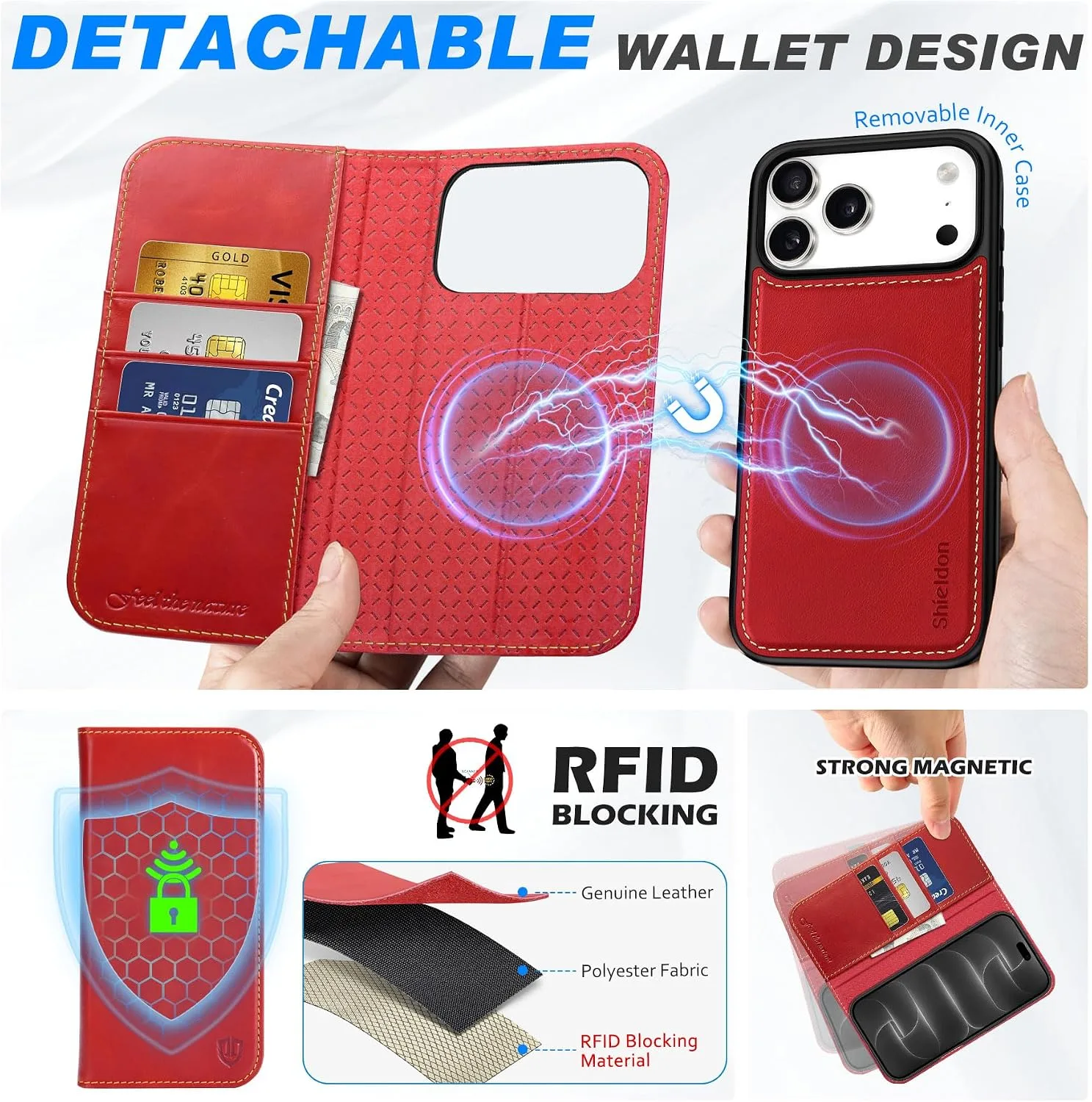SHIELDON Detachable Case Wallet for iPhone 18 Pro Max/17 Pro Max, Retro Red