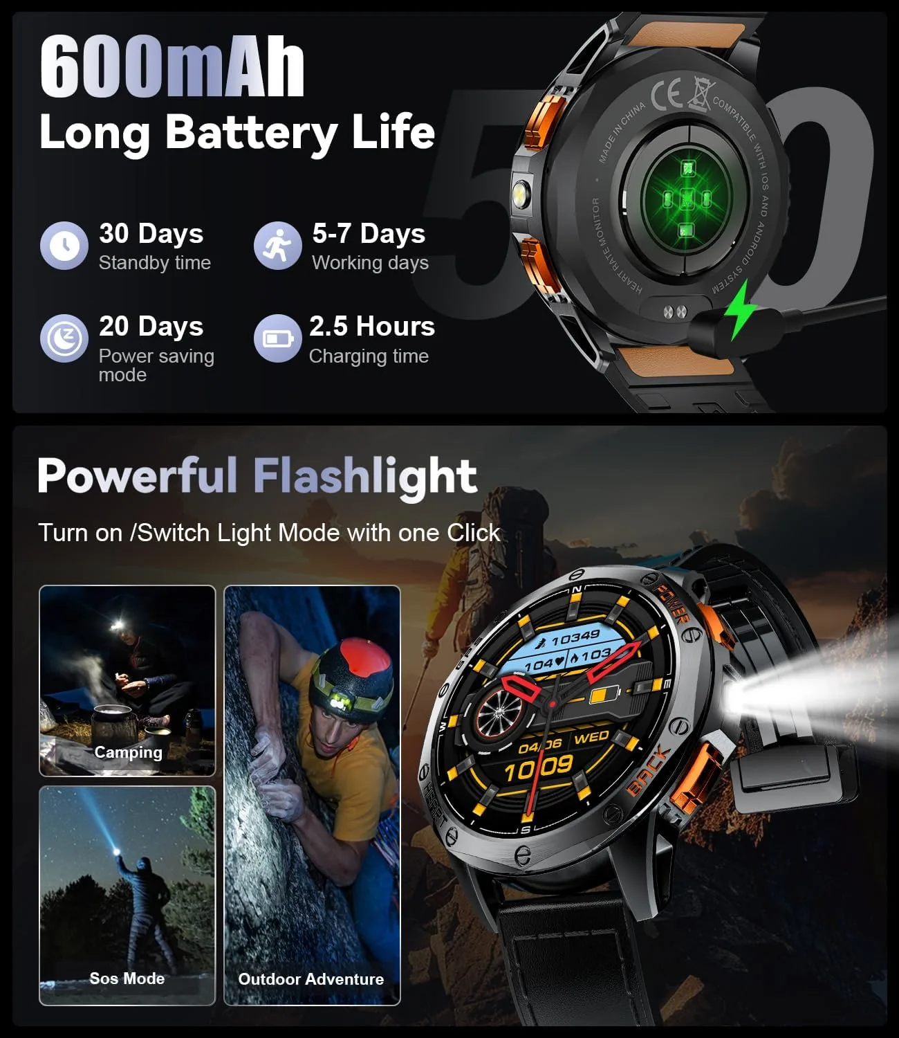 LIGE GPS Smart Watch for Men, 1.43'' AMOLED Always on Display, LED Flashlight/Compass/45 Days Battery/IP68 Waterproof Smartwatch, 100+ Sport Mode, Rugged Smart Watches for Android iOS (Black)
