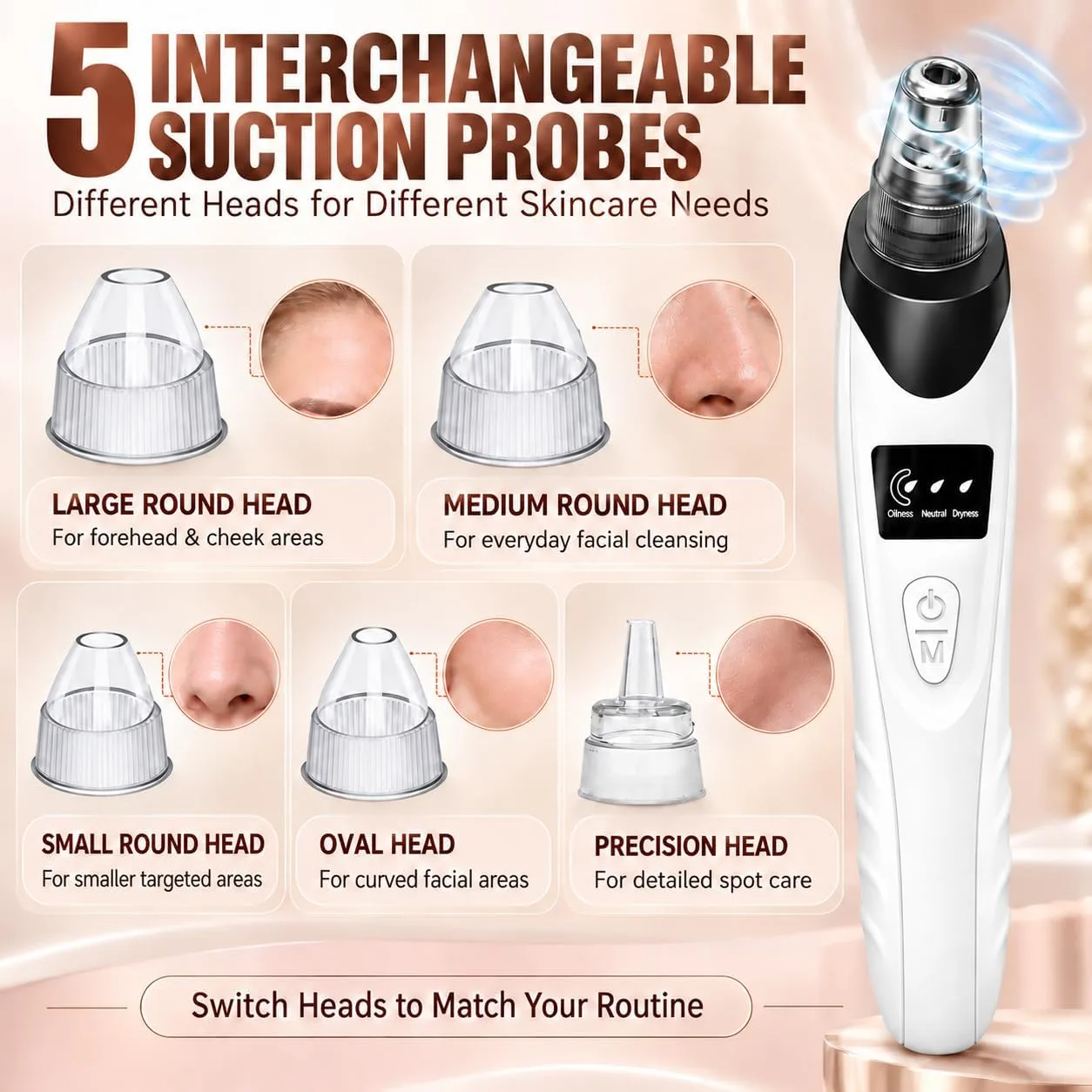 Pore Vacuum Blackhead Remover, 3 Suction Levels, 5 Heads，Black