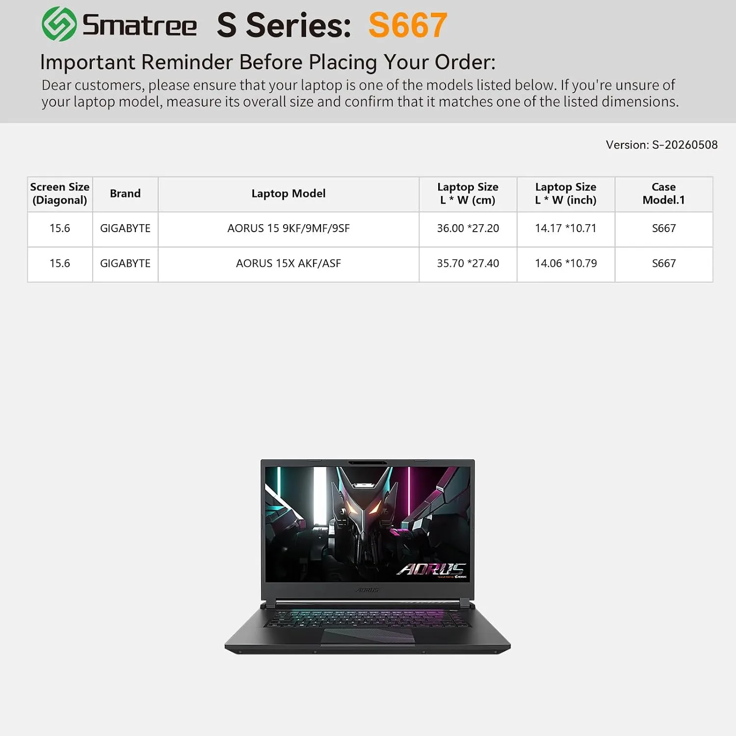 Smatree Laptop Sleeve for 15.6 inch GIGABYTE AORUS 15 9KF/9MF/9SF