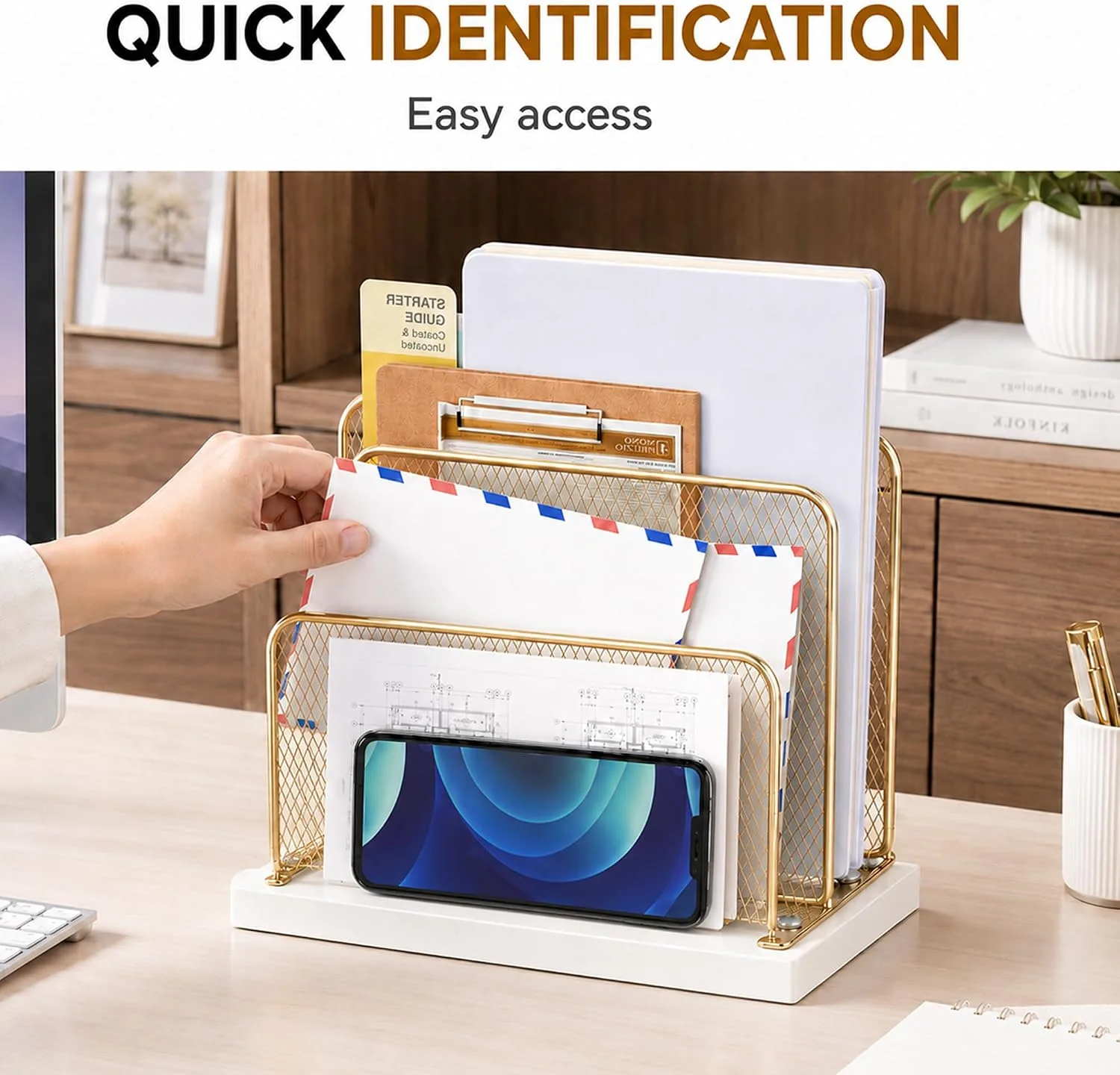 OPNICE Wooden Mail Organizer, File Organizer for Desk, Gold