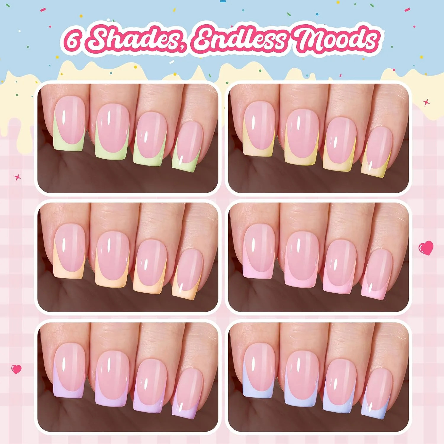 Beetles French Tips Press On Nails Short Square Pastel 6 Colors 192Pcs