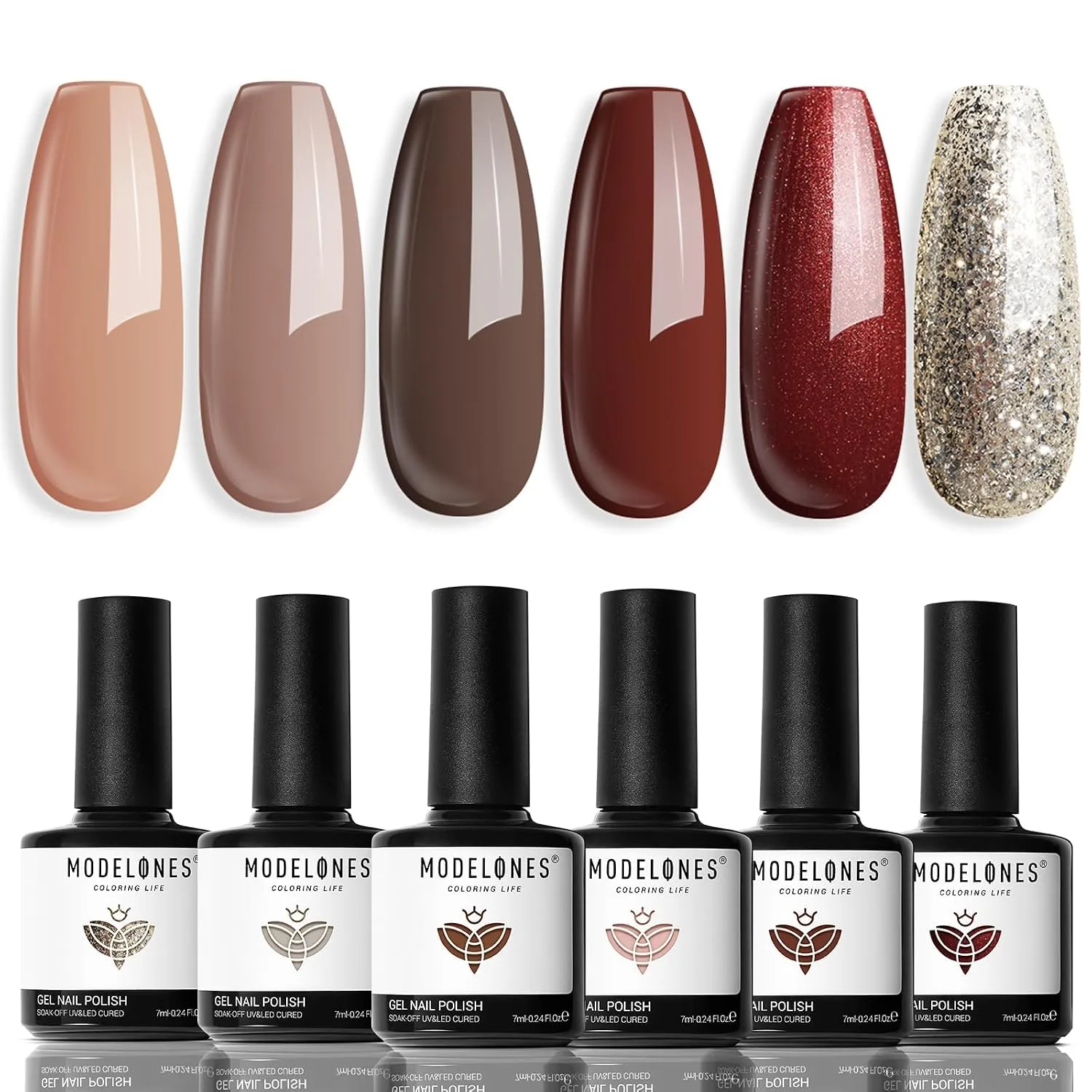 modelones Gel Nail Polish Set Nude Glitter 6Colors Burgundy Dark Red Wine