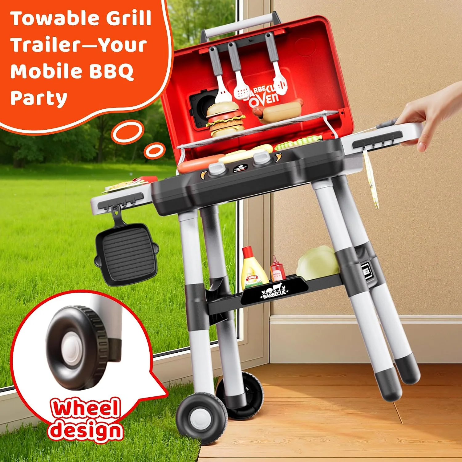 2-Tier Kids BBQ Grill Playset, Toy Grill for Kids, Outdoor Play Food