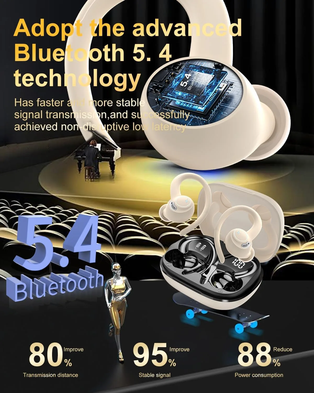 Wireless Earbuds, Bluetooth 5.4 Headphones Sport Over Ear Buds with ENC Mic Noise Cancelling,48H,Wireless Earphone With Earhooks, Stereo Deep Bass, IP7 Waterproof ear bud for Workout Running,Off White