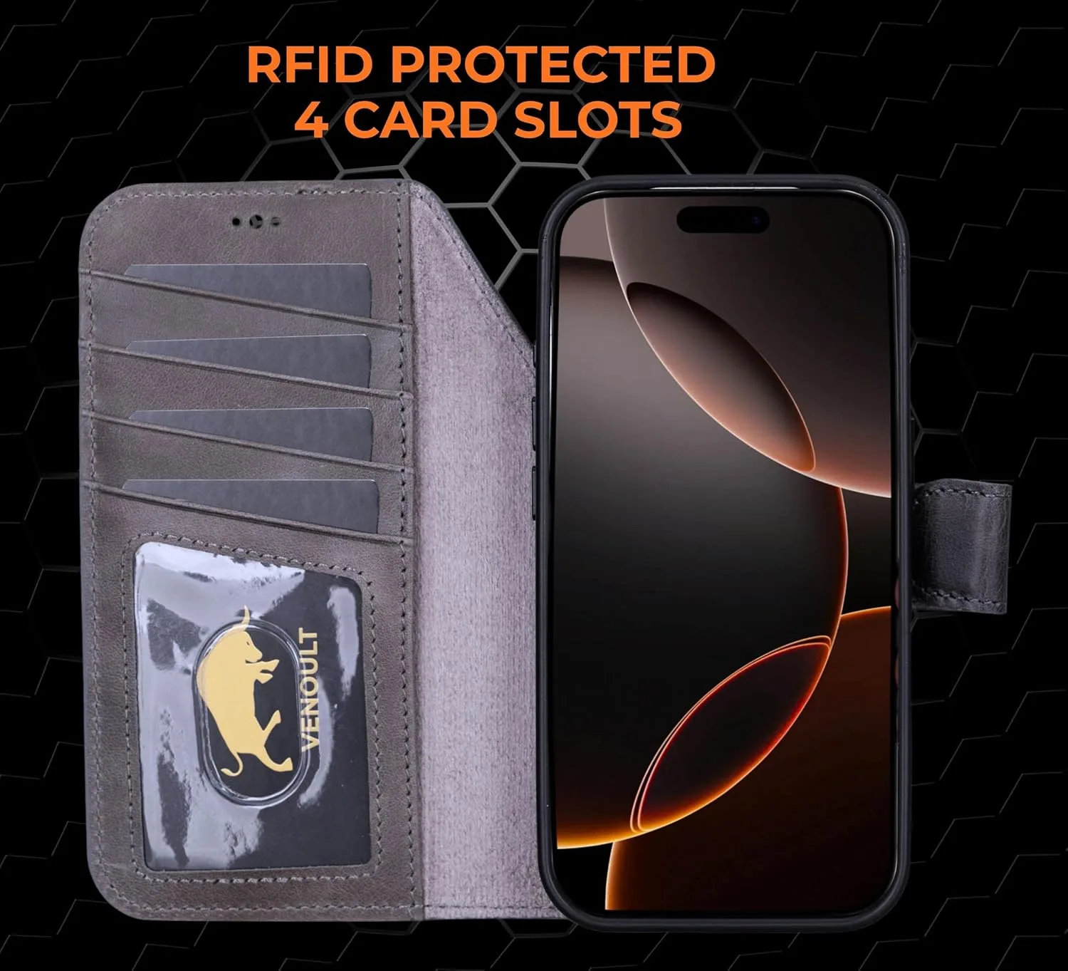 VENOULT Leather Wallet Case for iPhone Pro, Full Grain Genuine Leather, Magnetic Detachable, 4 Card Holder, Buesiness Style, Compatible with MagSafe, RFID (Sandy, iPhone 17 Pro MAX)