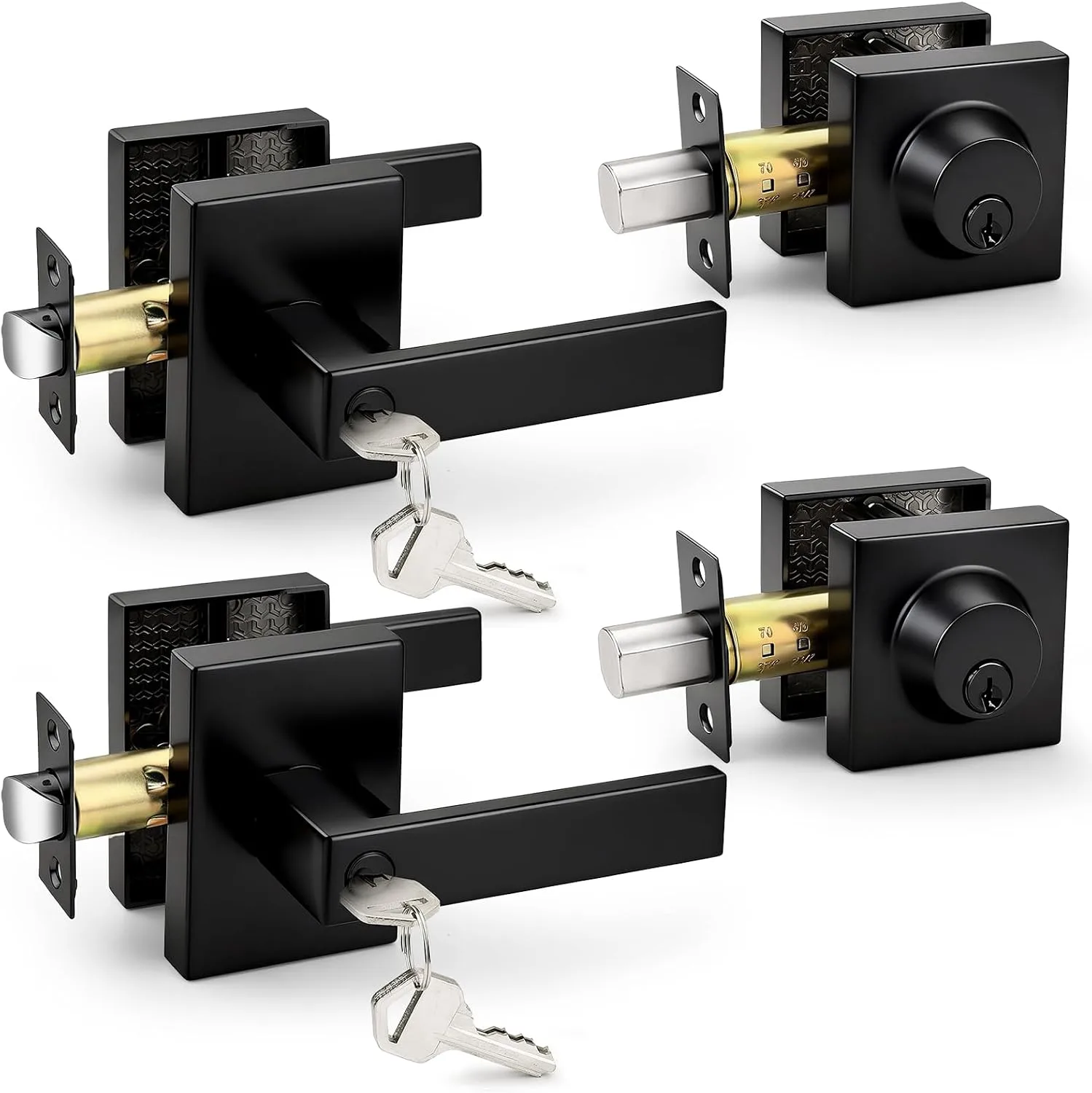 Probrico Square Interior/Exterior Door Lock Set 2 Pack Same Key Matte Black