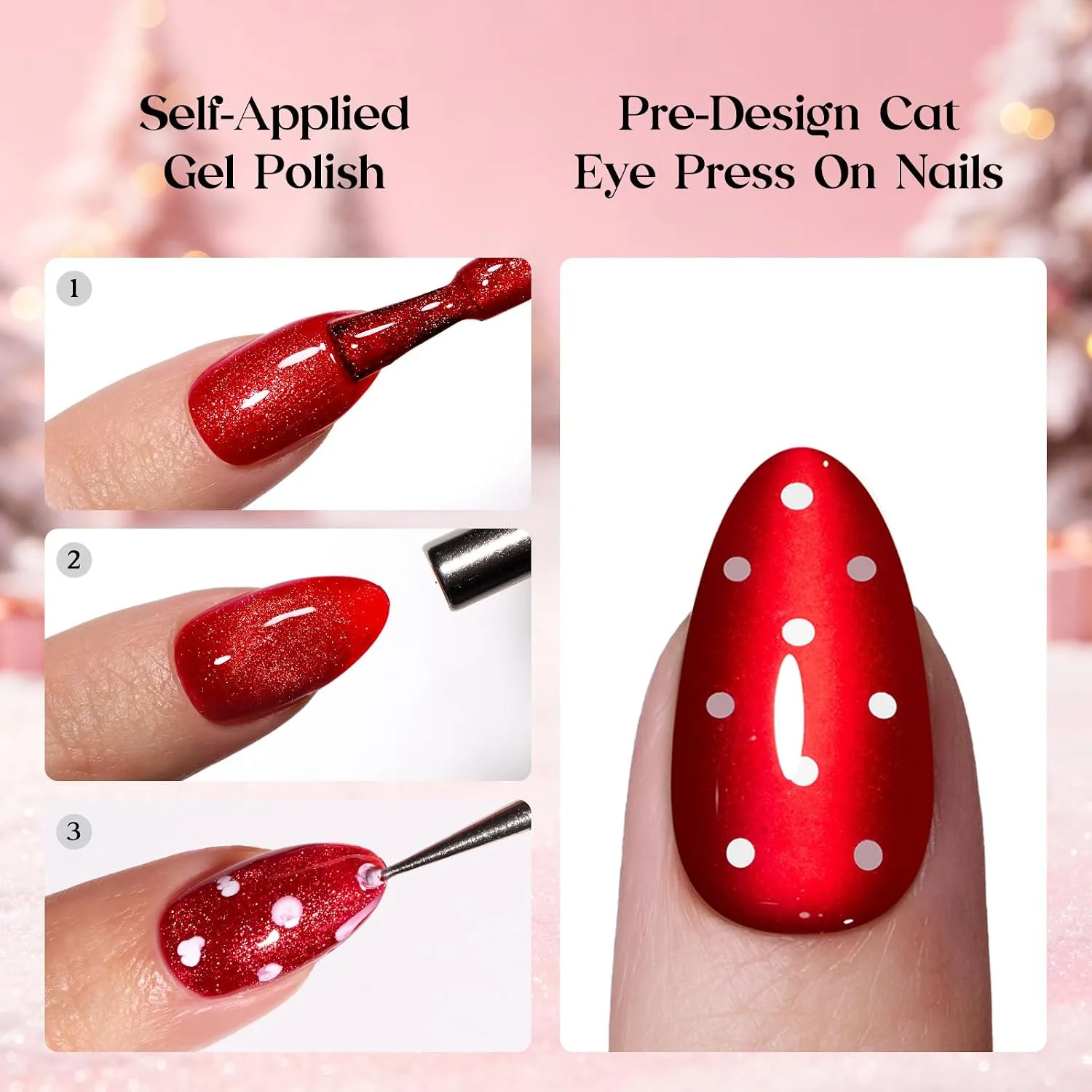 Beetles Red Press On Nails Short Almond, Halloween Cat Eye Polka Dot