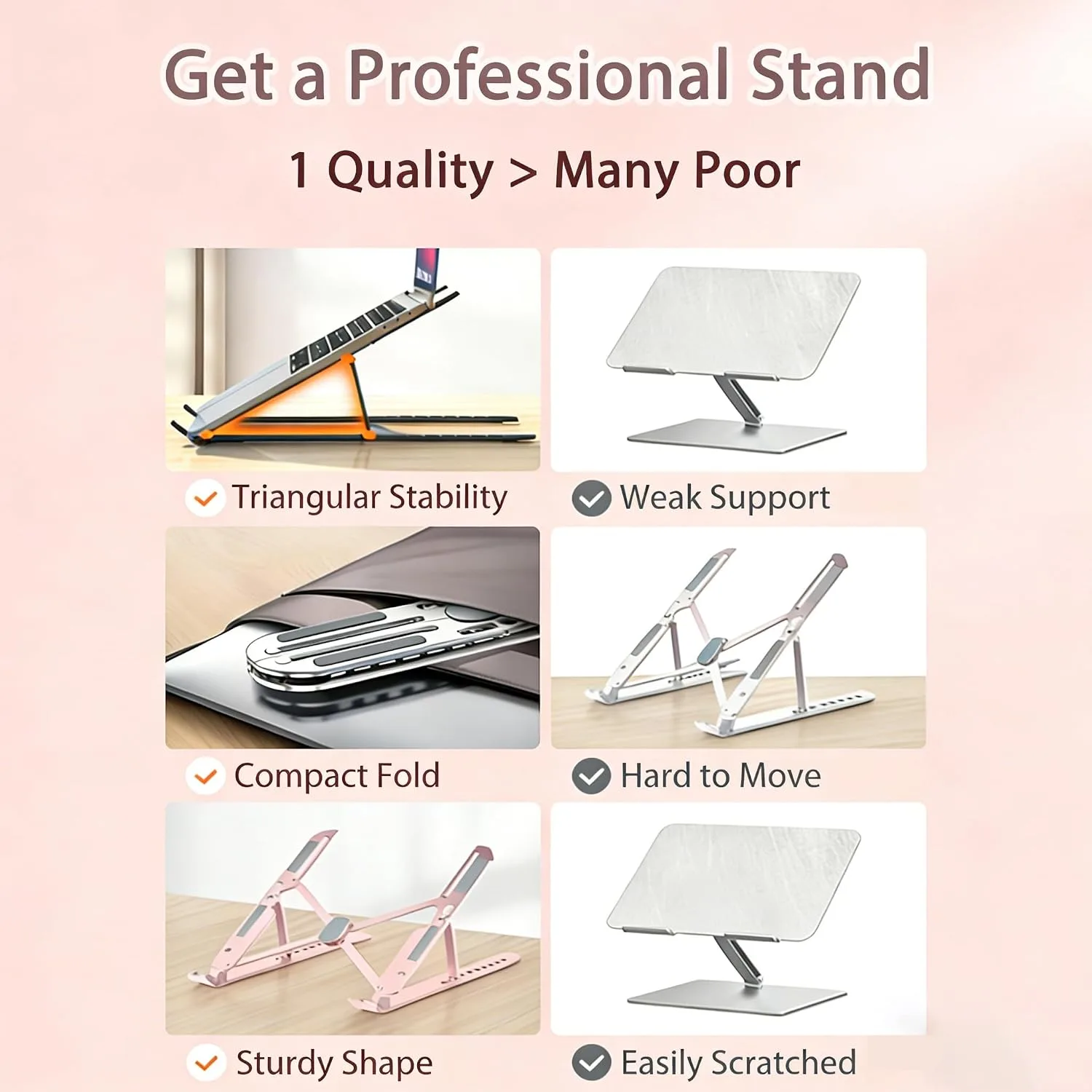 Ergonomic Foldable Computer Stand, 10-Level Height Adjustable Aluminum Laptop Stand, Compatible with 17.3 Inch Laptops, Tablets & Drawing Tablets, for MacBook, HP, Lenovo, Dell (Pink)