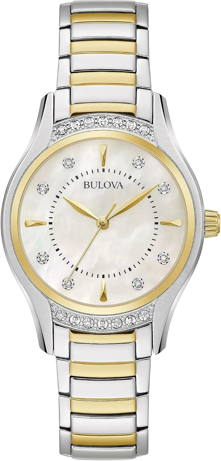 Bulova Ladies' Classic Diamond 3-Hand Quartz Stainless Steel Watch, 16 Diamonds, Mother-of-Pearl Dial, Curved Mineral Crystal