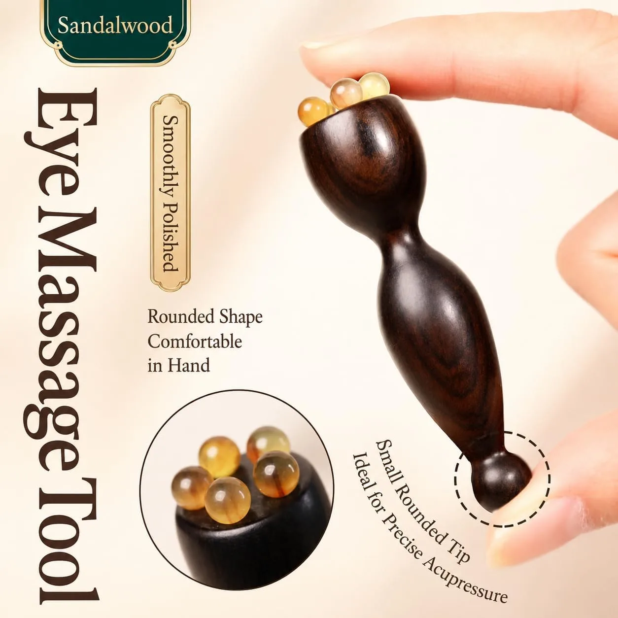 Eye Massage Tool, 2pcs Sandalwood Eye Massager Tool with 5 Smooth Horn Beads, Dual-End Eye Roller Tool for Puffy-Looking Eyes, Eye Massage Stick for Face and Under Eye Self Care