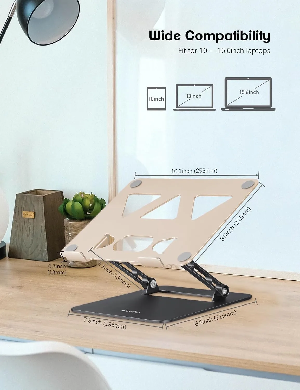 Aoviho Adjustable Laptop Stand for Desk,Portable Laptop Stand Holder and Riser,Foldable Aluminum Notebook Computer Stands for MacBook Air Pro HP Lenovo Dell Samsung, 10-15.6 inch,Moonlit Gold Noir