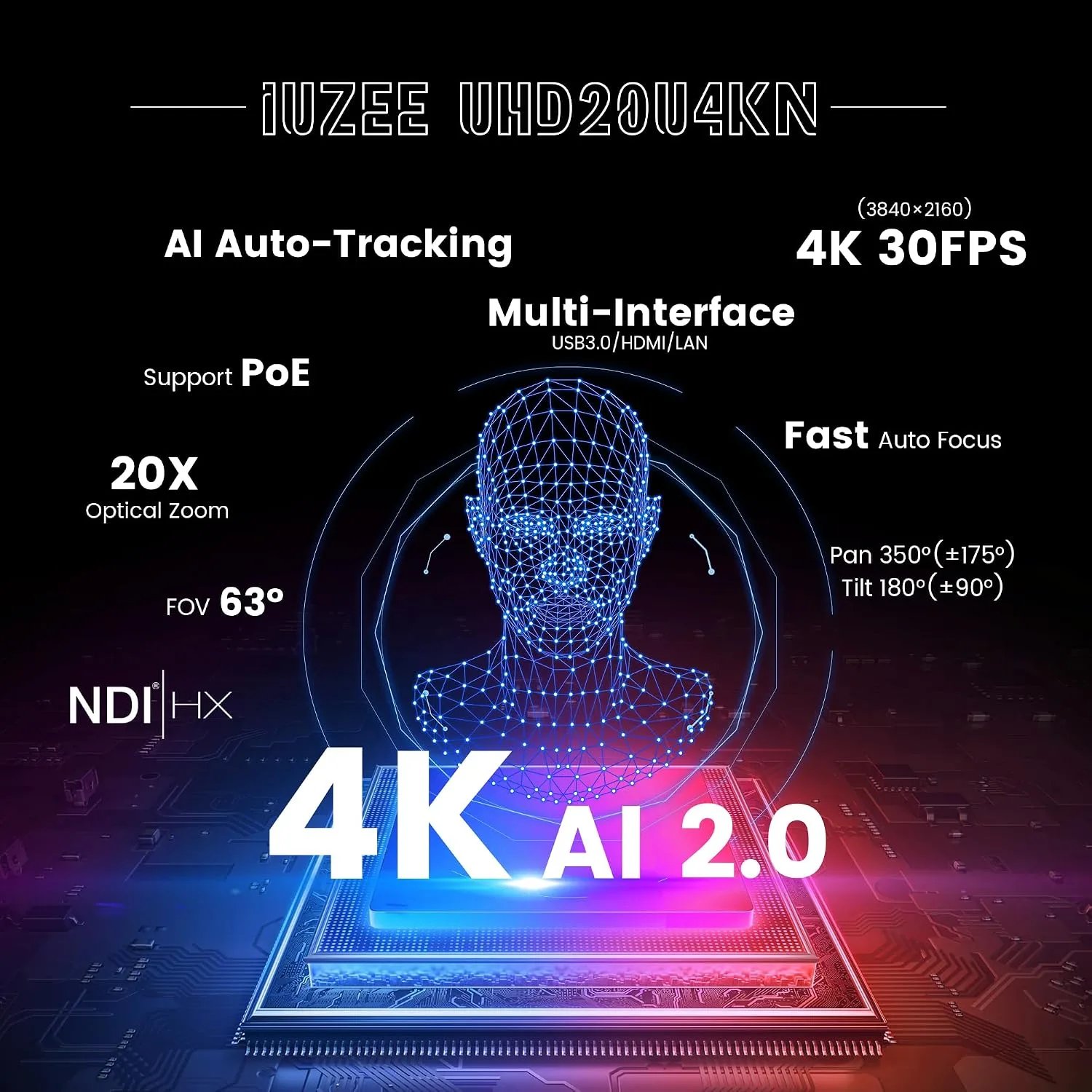 4K NDI PTZ Camera AI-Auto Tracking, 20X Optical Zoom, USB3.0/HDMI/LAN PoE, IP Live Streaming, Conference Room Camera for Church Services Education Conference Events, Work with YouTube OBS