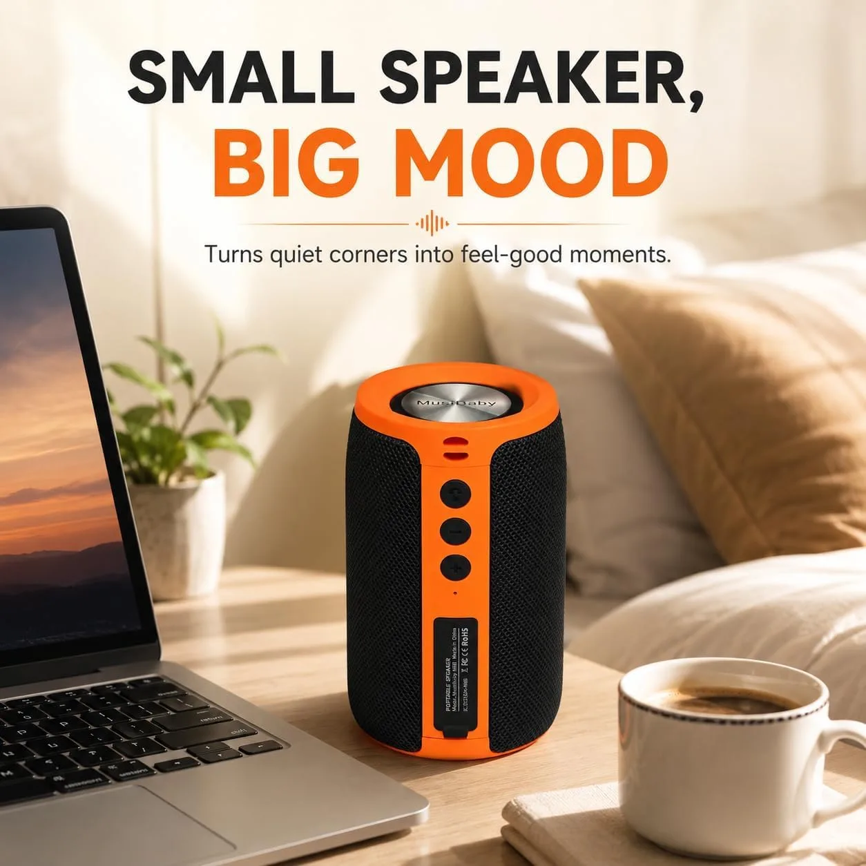 Musibaby M68 Bluetooth Speaker, 12W, IPX5, 24H Playtime, OrangeBlack